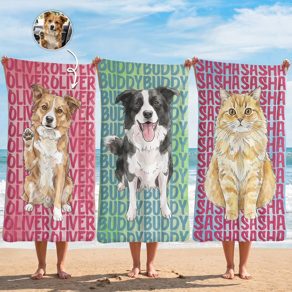 Custom Pet Portrait & Name Watercolor Style - Personalized Beach Towel