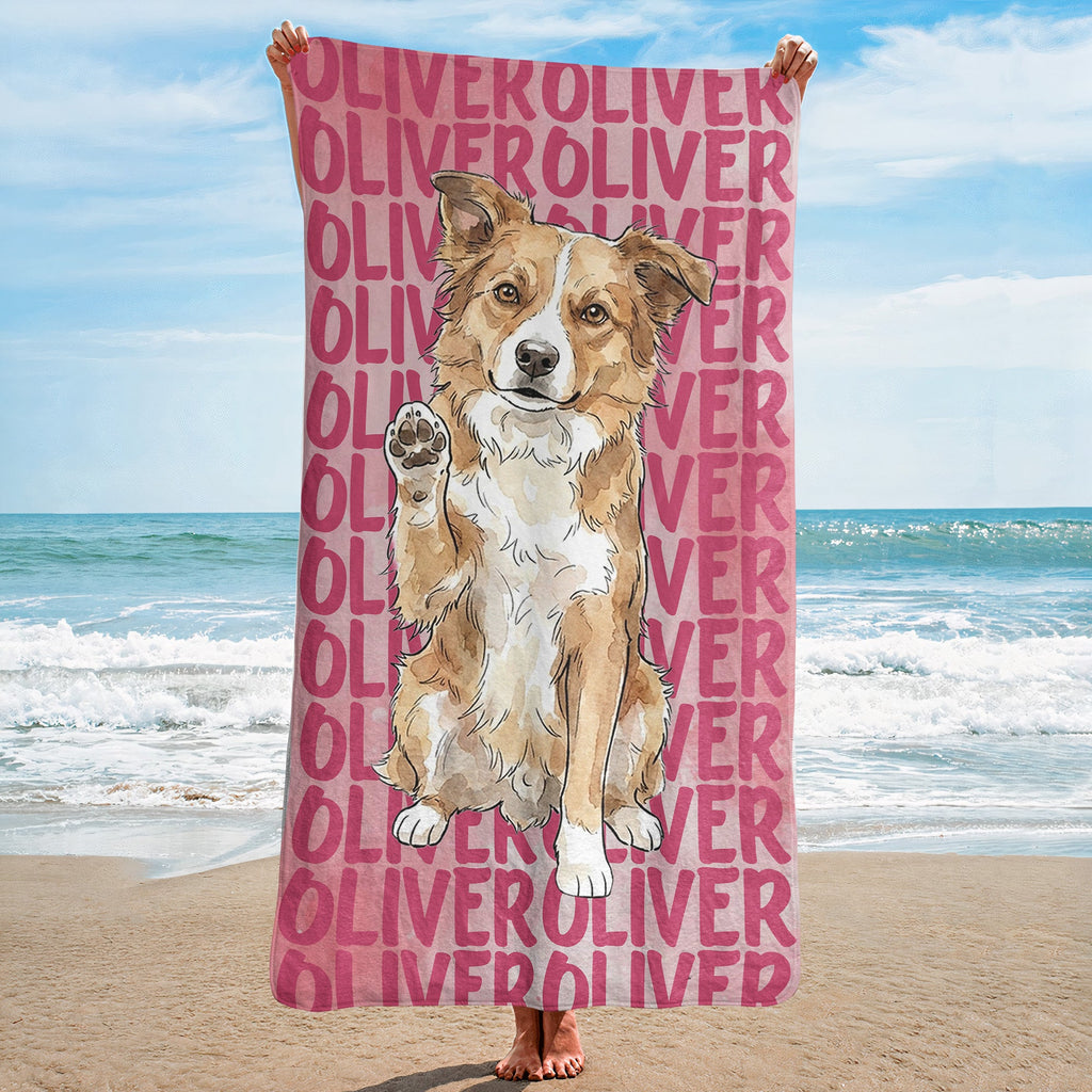 Custom Pet Portrait & Name Watercolor Style - Personalized Beach Towel