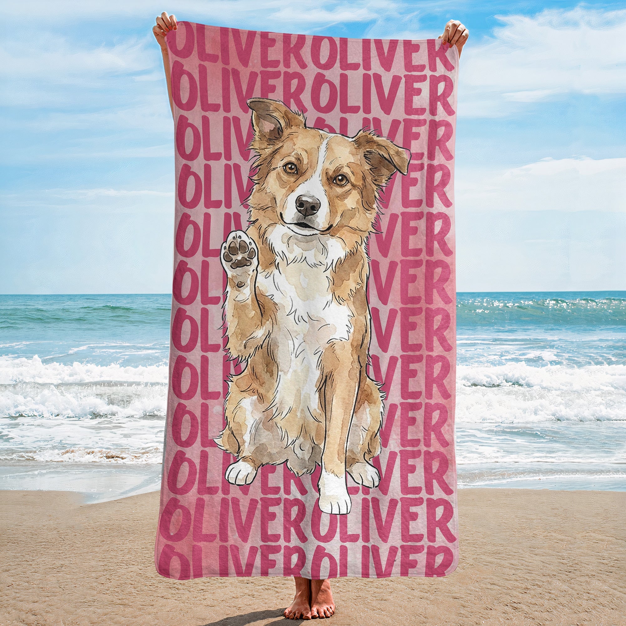 Custom Pet Portrait & Name Watercolor Style - Personalized Beach Towel