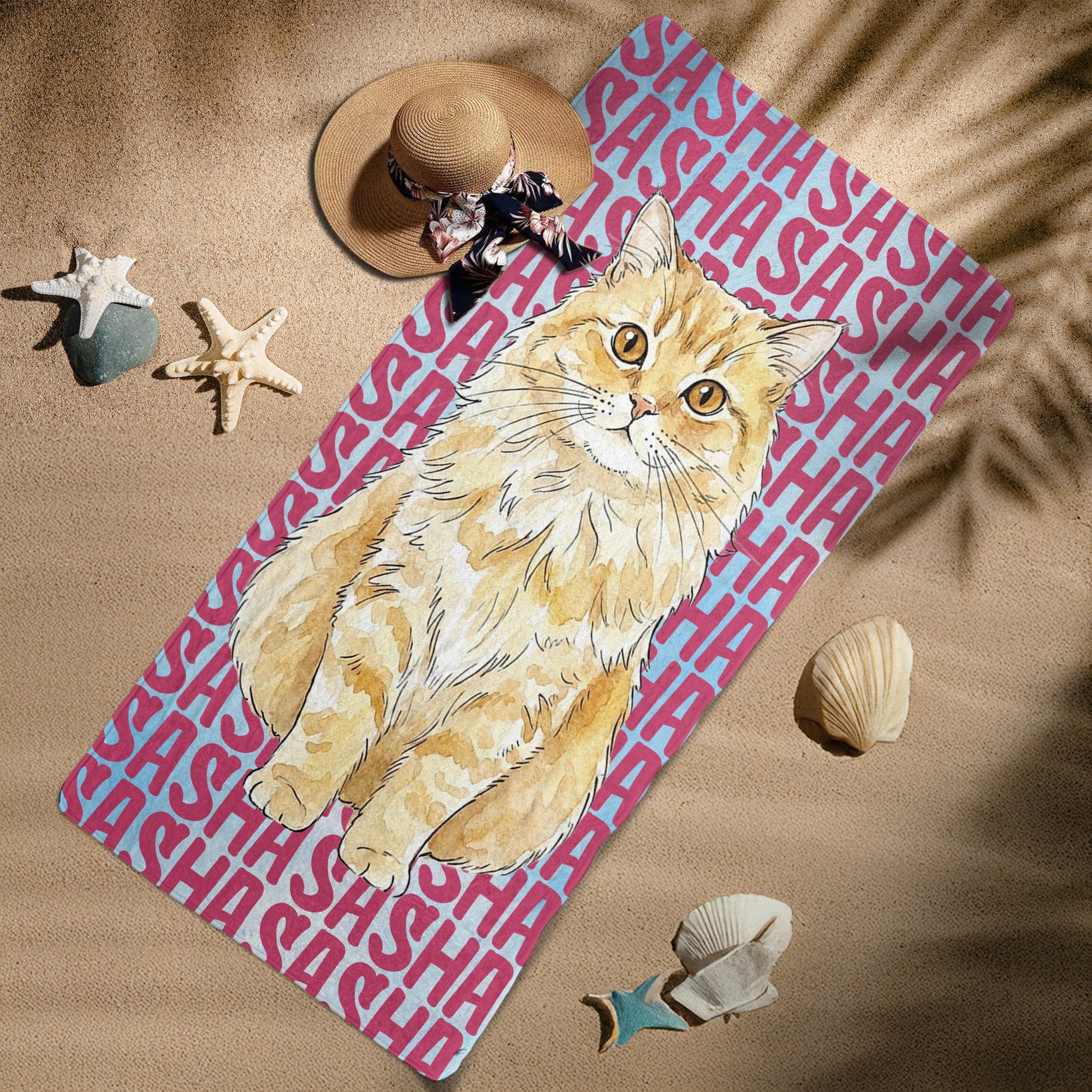 Custom Pet Portrait & Name Watercolor Style - Personalized Beach Towel