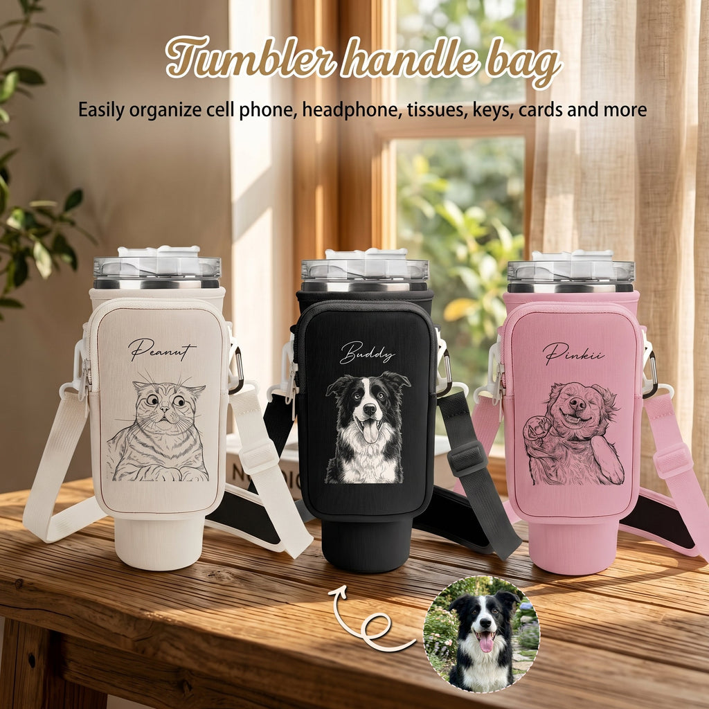 Custom Pet Portrait Sketch Line Art - Custom Water Bottle Carrier Bag