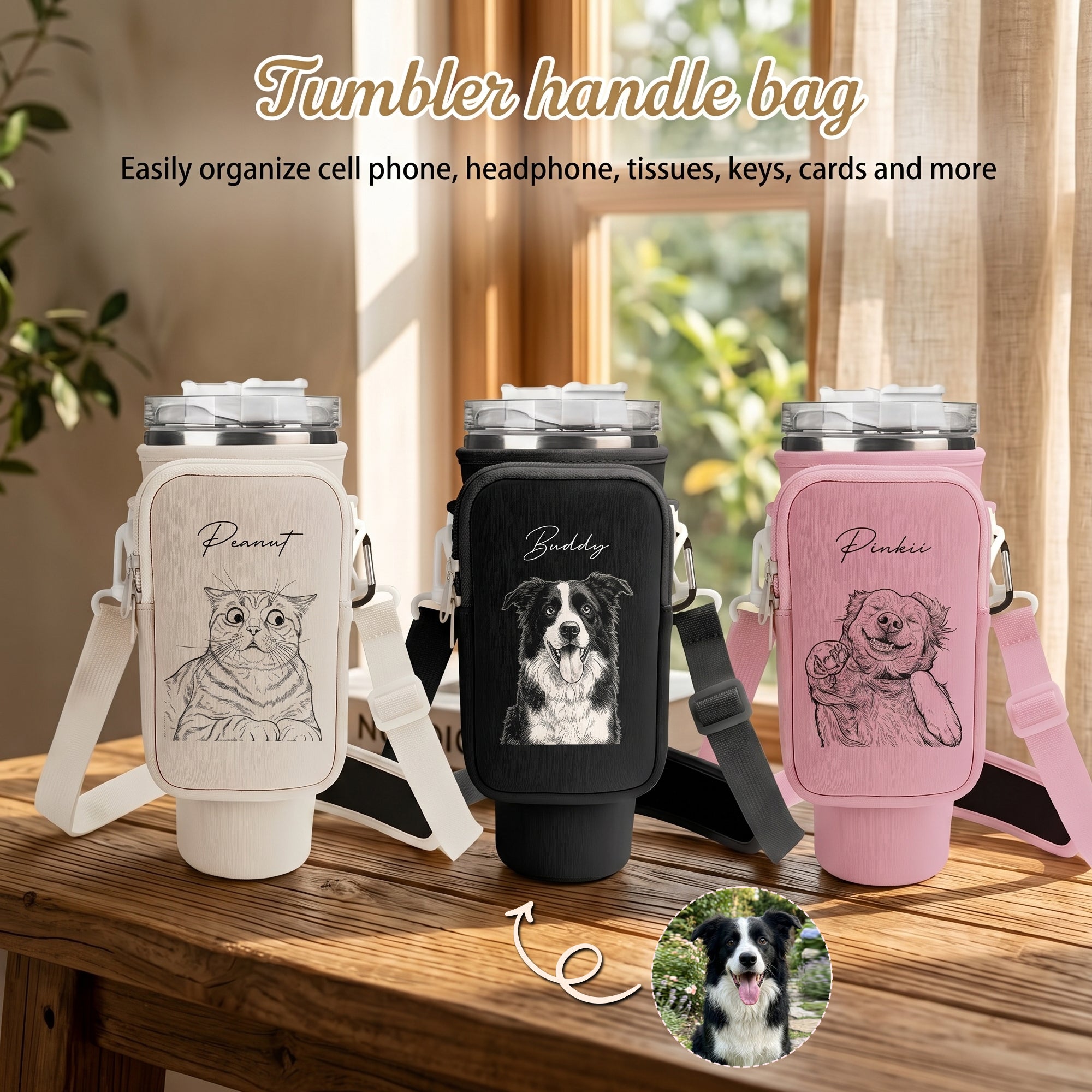 Custom Pet Portrait Sketch Line Art - Custom Water Bottle Carrier Bag