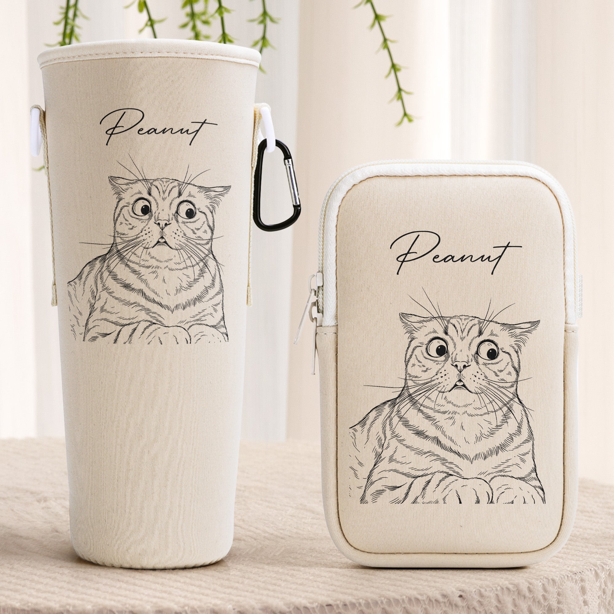 Custom Pet Portrait Sketch Line Art - Custom Water Bottle Carrier Bag
