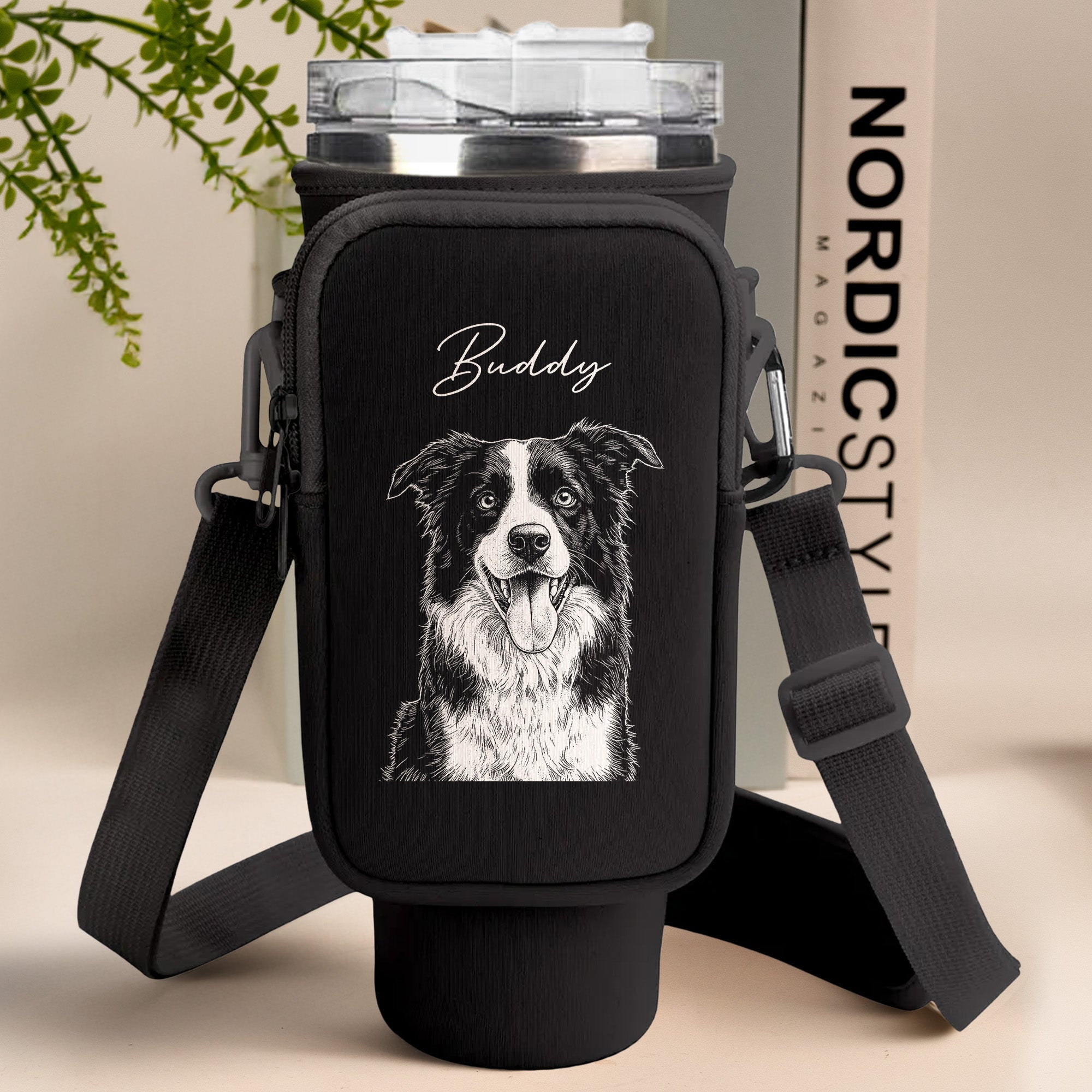 Custom Pet Portrait Sketch Line Art - Custom Water Bottle Carrier Bag