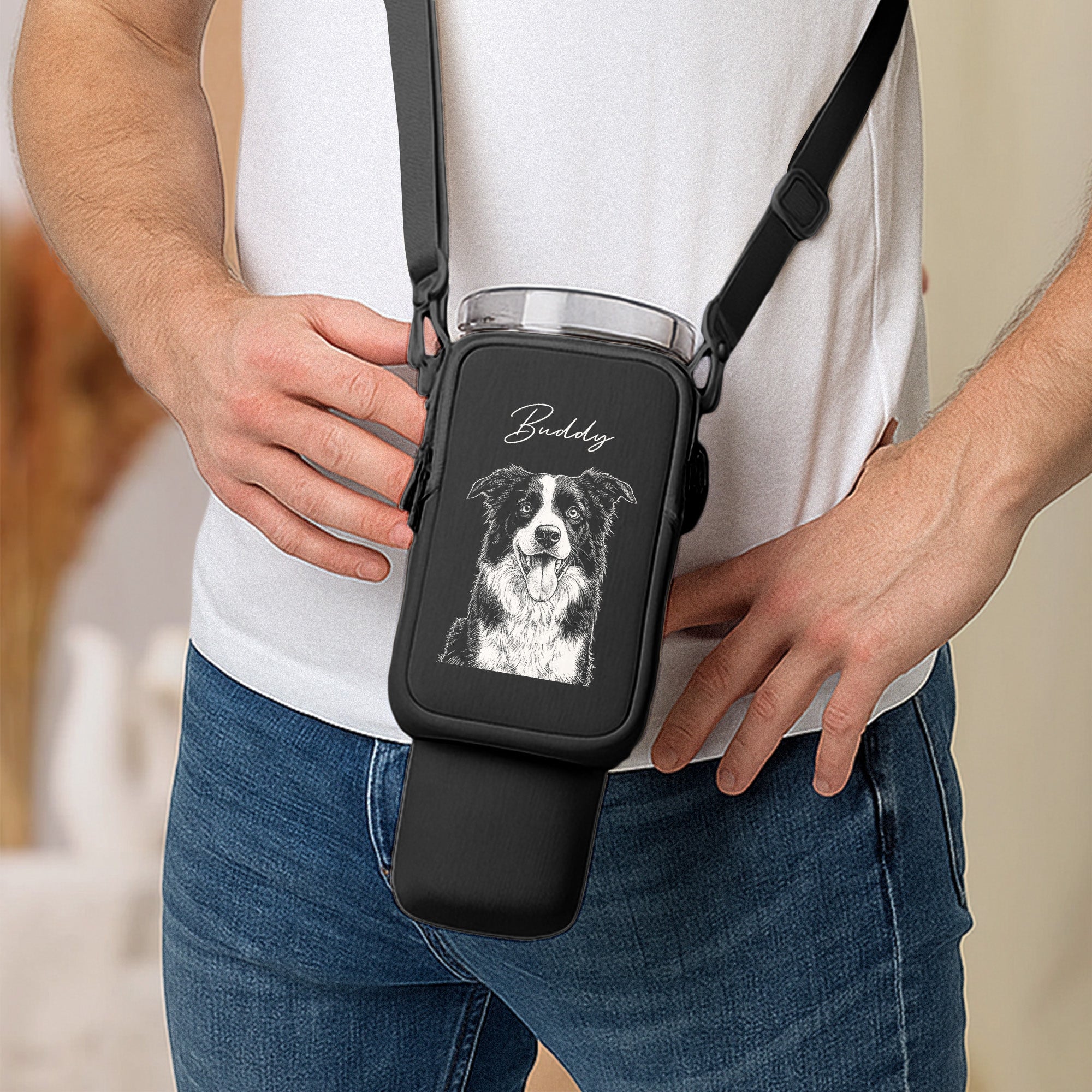 Custom Pet Portrait Sketch Line Art - Custom Water Bottle Carrier Bag