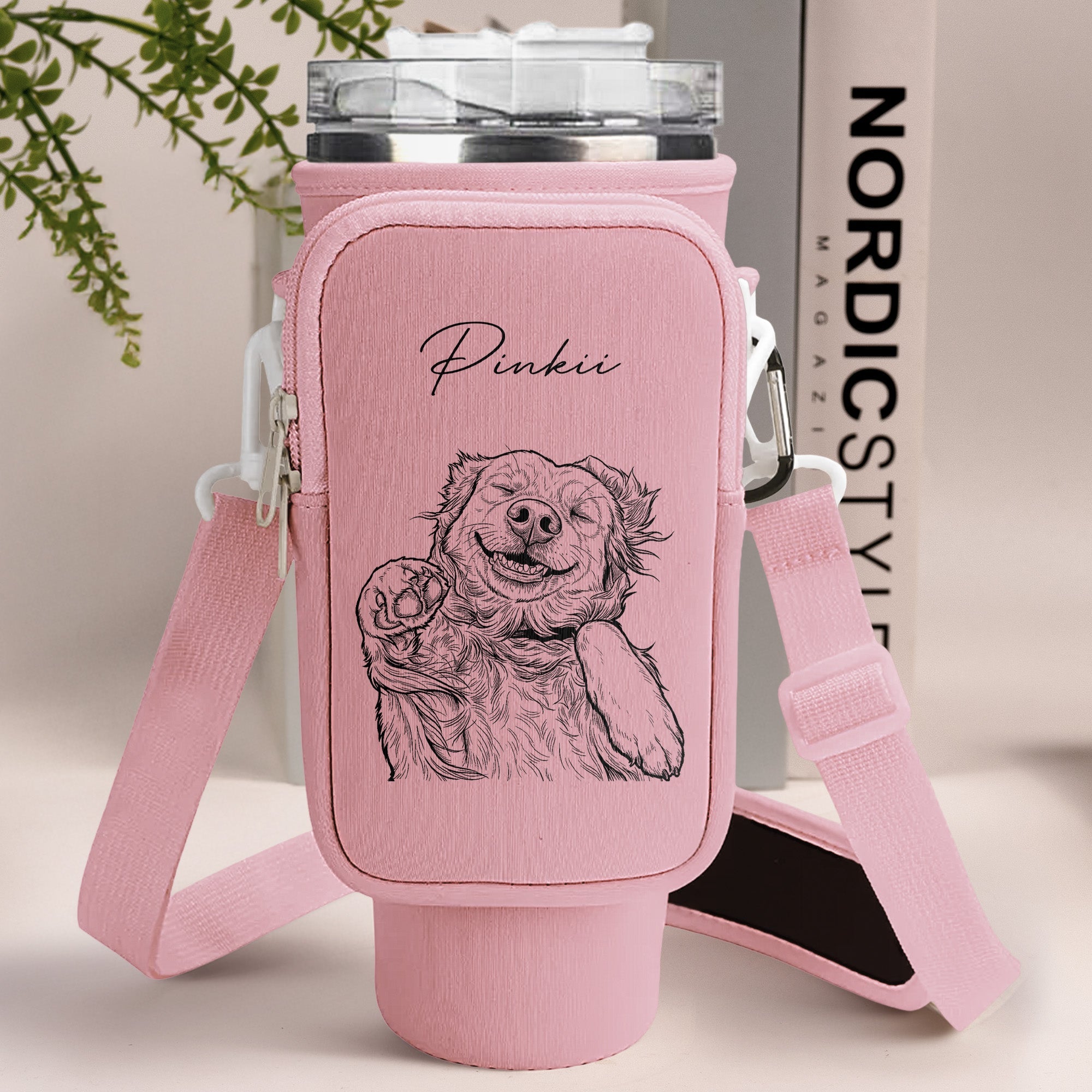 Custom Pet Portrait Sketch Line Art - Custom Water Bottle Carrier Bag