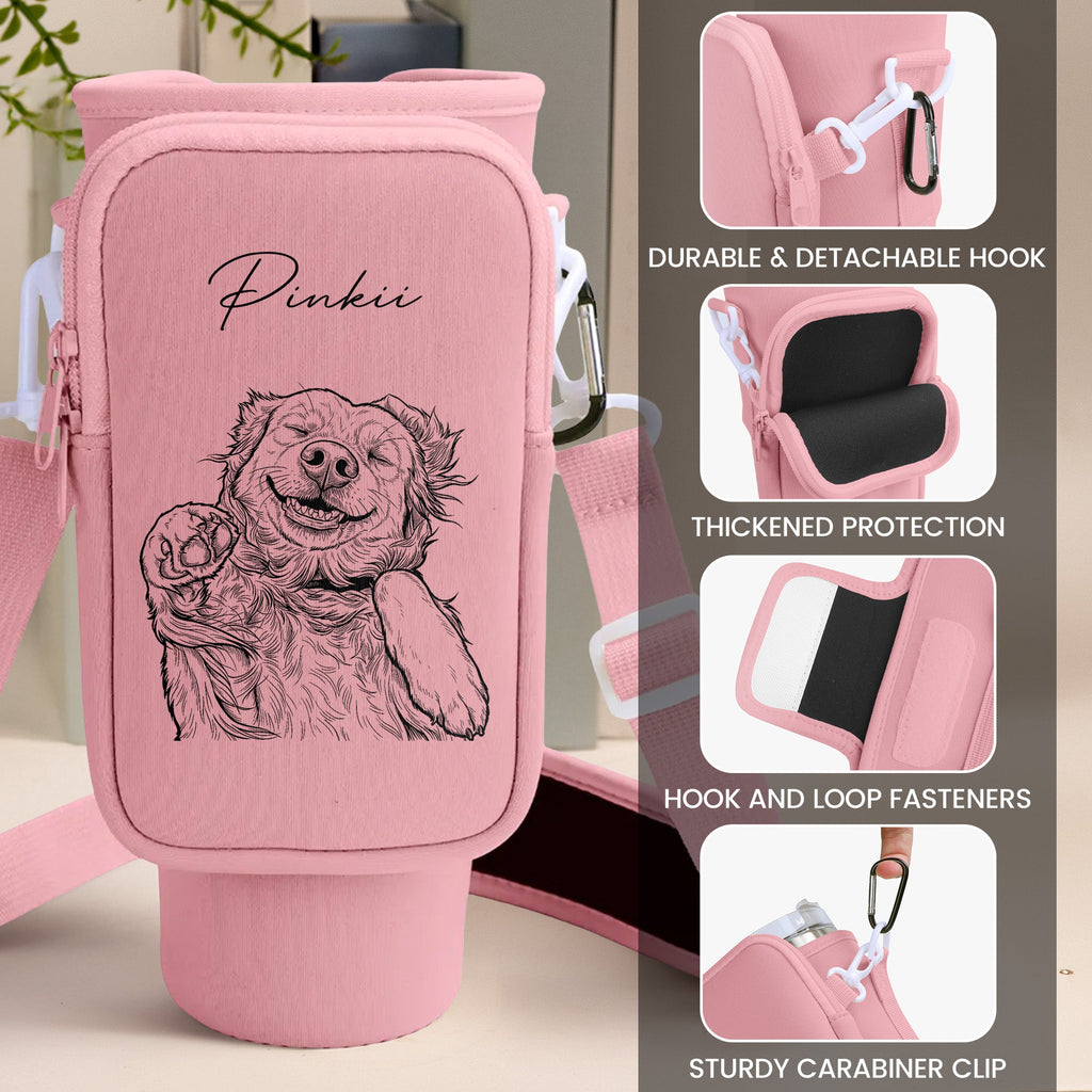Custom Pet Portrait Sketch Line Art - Custom Water Bottle Carrier Bag