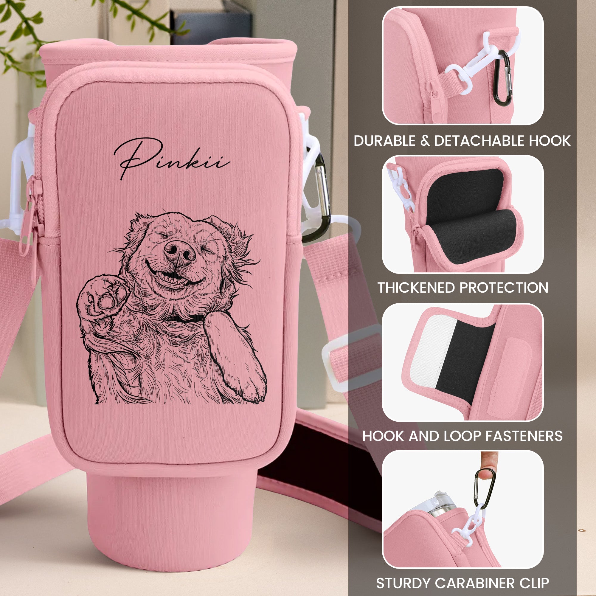 Custom Pet Portrait Sketch Line Art - Custom Water Bottle Carrier Bag