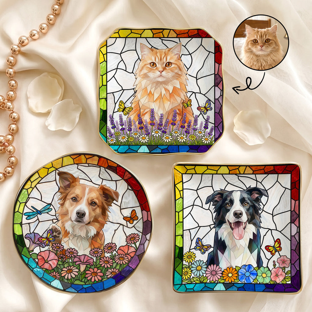 Custom Pet Portrait Stained Glass Floral Colorful - Personalized Jewelry Dish