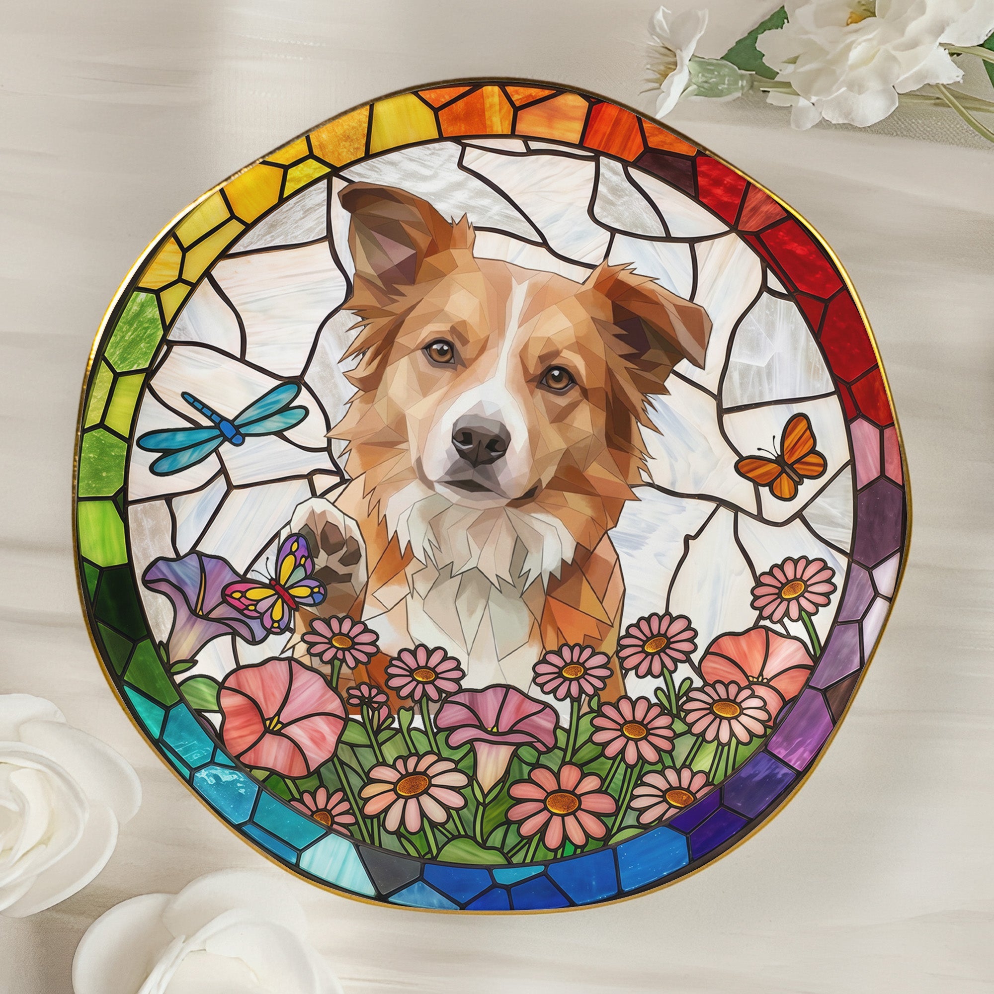 Custom Pet Portrait Stained Glass Floral Colorful - Personalized Jewelry Dish