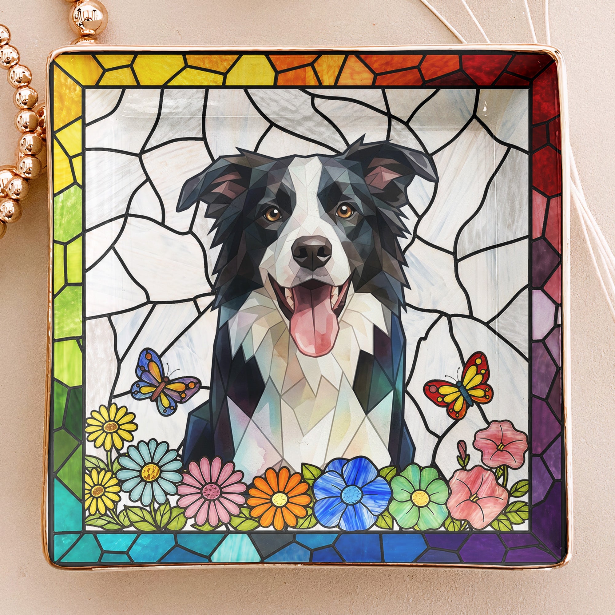 Custom Pet Portrait Stained Glass Floral Colorful - Personalized Jewelry Dish