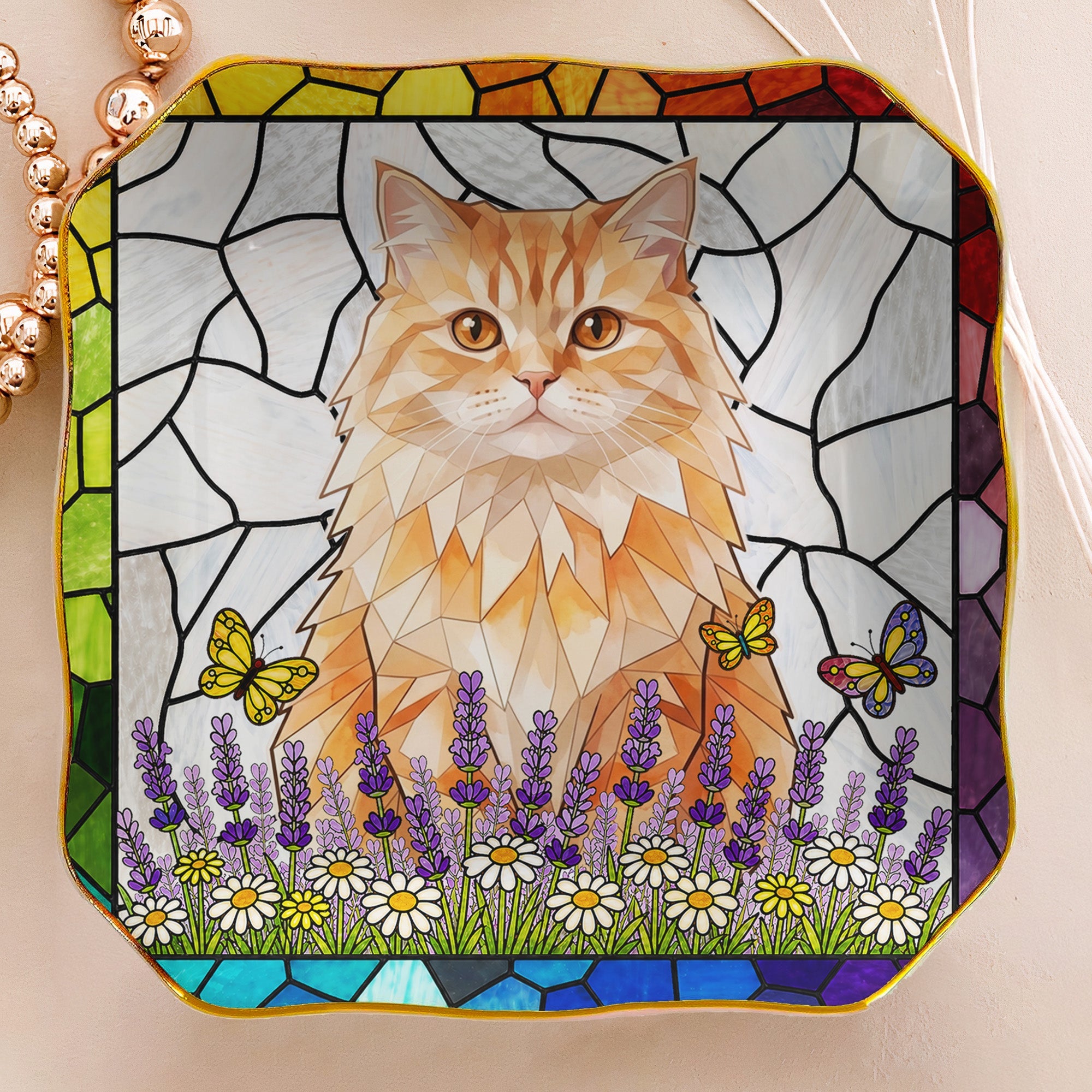 Custom Pet Portrait Stained Glass Floral Colorful - Personalized Jewelry Dish