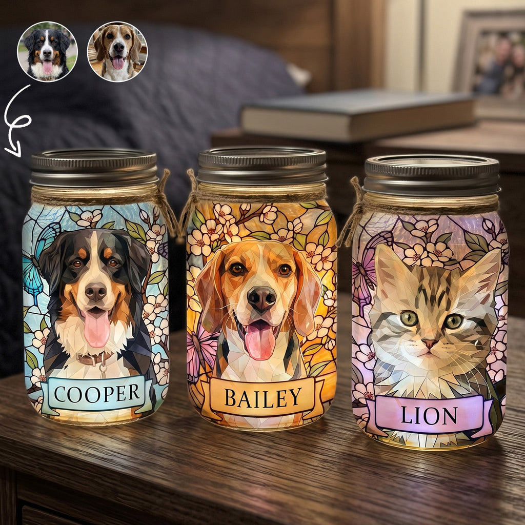 Custom Pet Portrait Stained Glass Style - Personalized Mason Jar Light