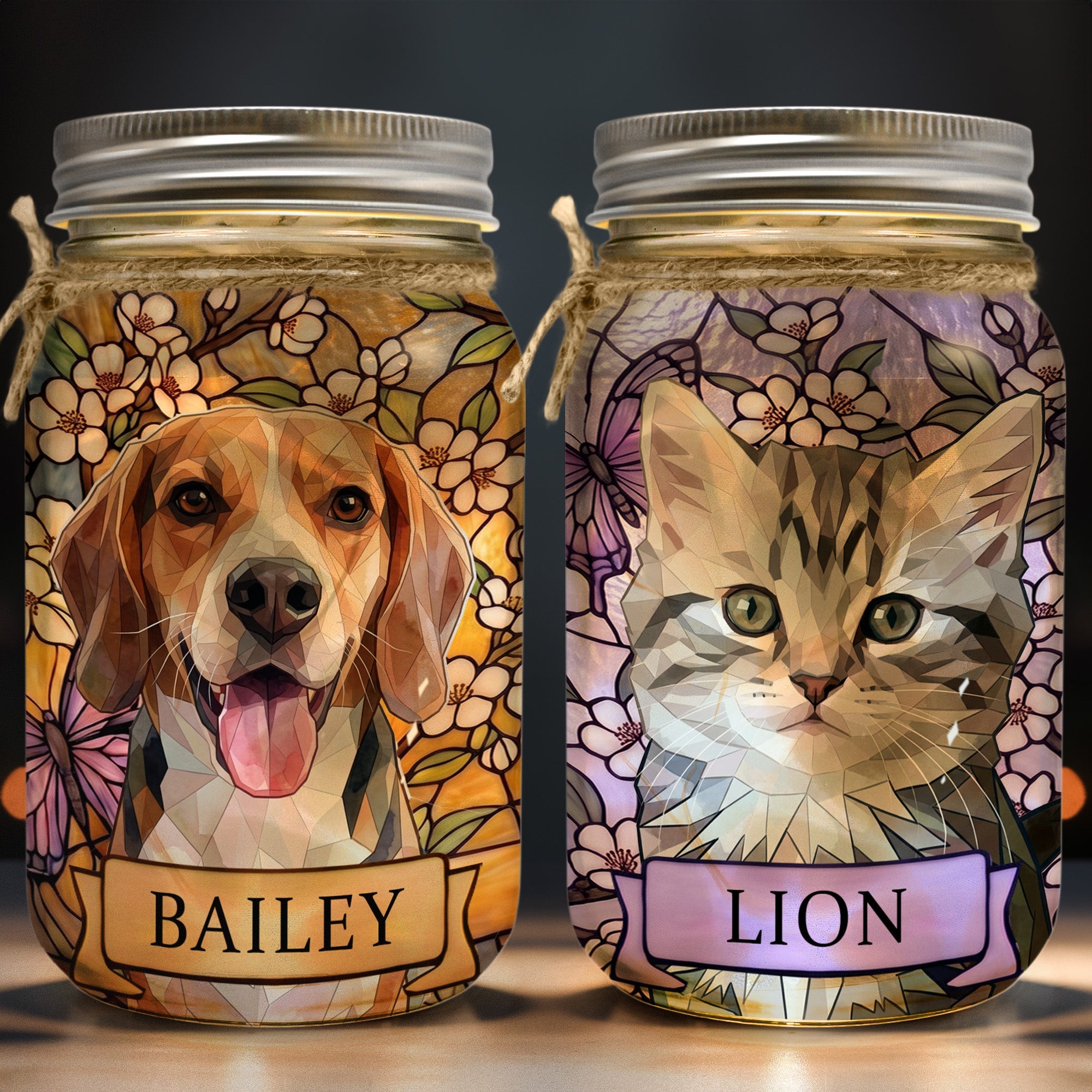 Custom Pet Portrait Stained Glass Style - Personalized Mason Jar Light