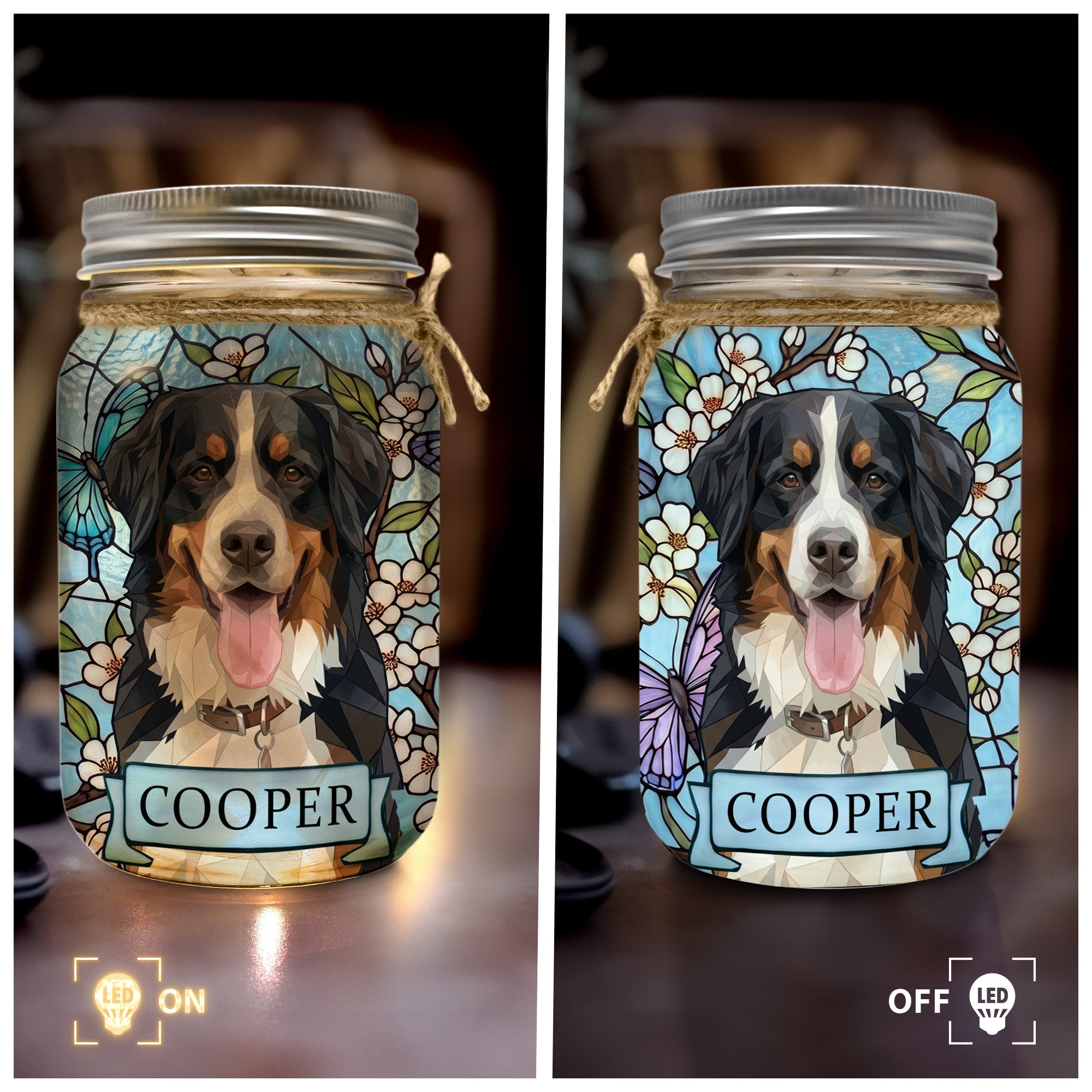 Custom Pet Portrait Stained Glass Style - Personalized Mason Jar Light