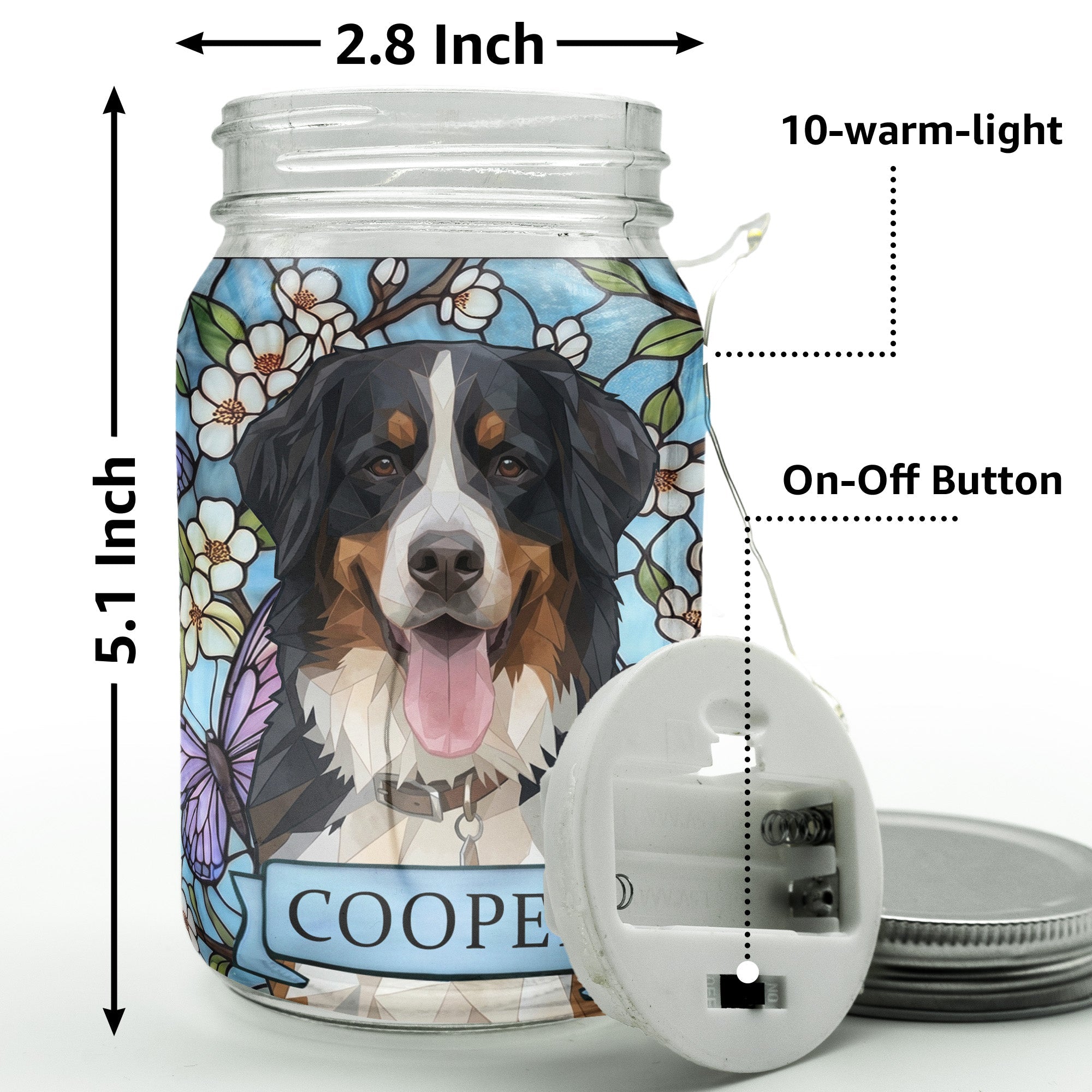 Custom Pet Portrait Stained Glass Style - Personalized Mason Jar Light