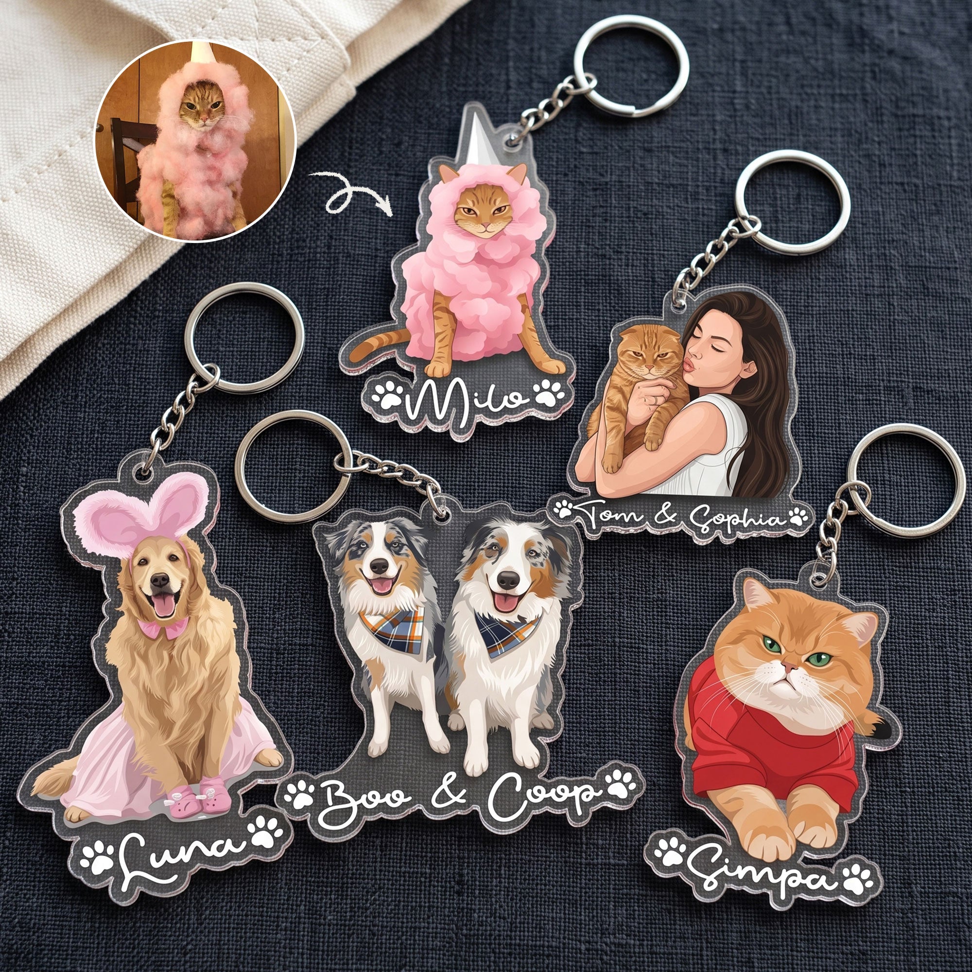 Custom Pet Portrait - Turn Photo Into Art, Gifts For Dog Lovers, Cat Lovers - Personalized Keychain