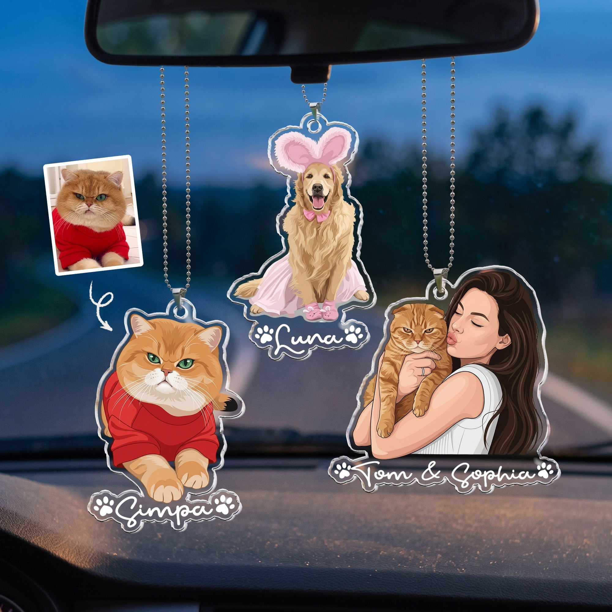 Custom Pet Portrait - Turn Photo Into Art, Gifts For Dog Lovers, Cat Lovers - Personalized Rear View Mirror Accessory