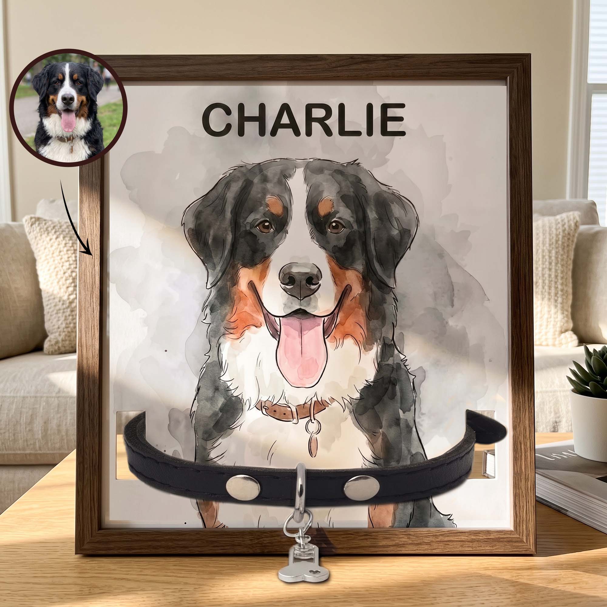 Custom Pet Portrait Watecolor Art Pet Collar Frame Keepsake - Personalized Frame