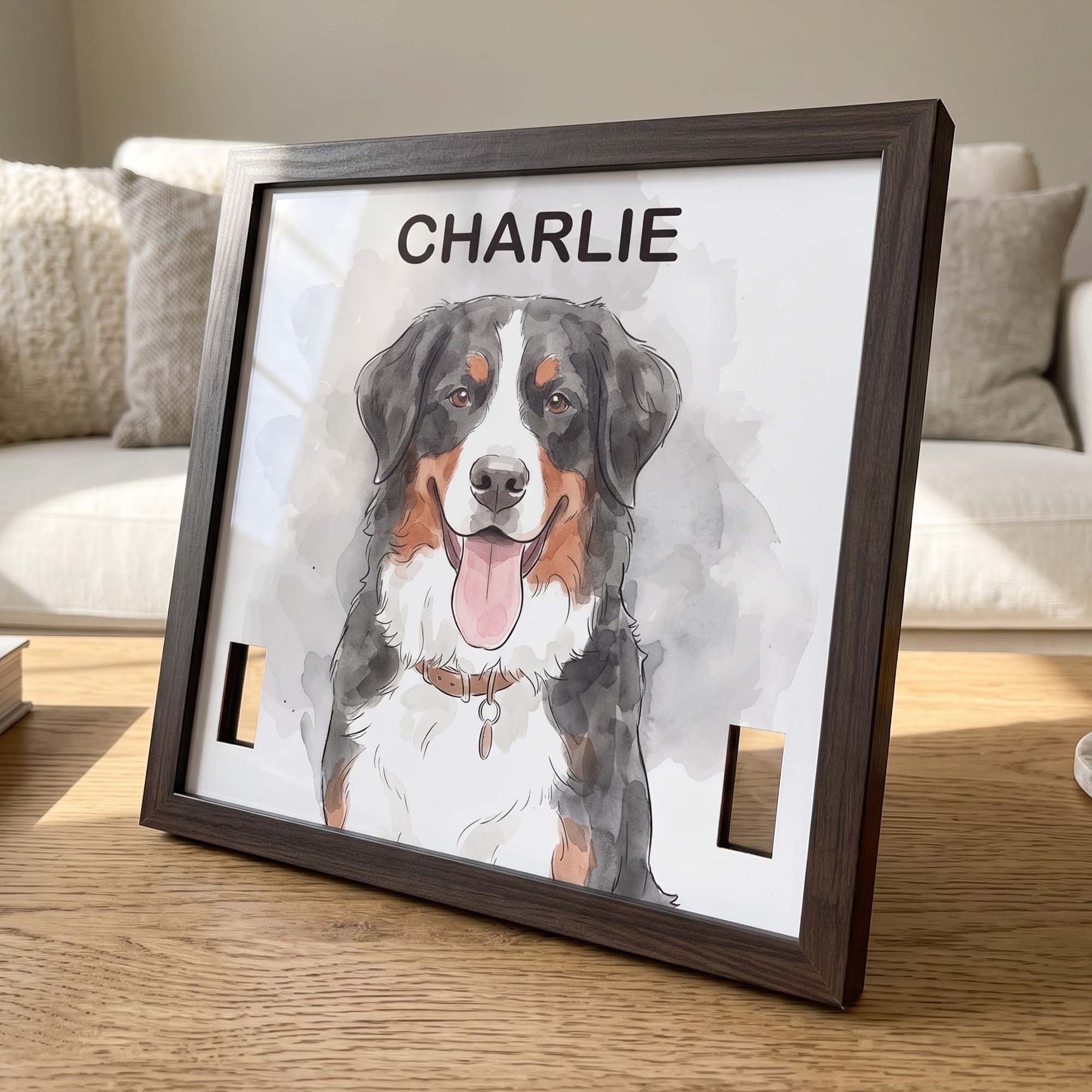 Custom Pet Portrait Watecolor Art Pet Collar Frame Keepsake - Personalized Frame