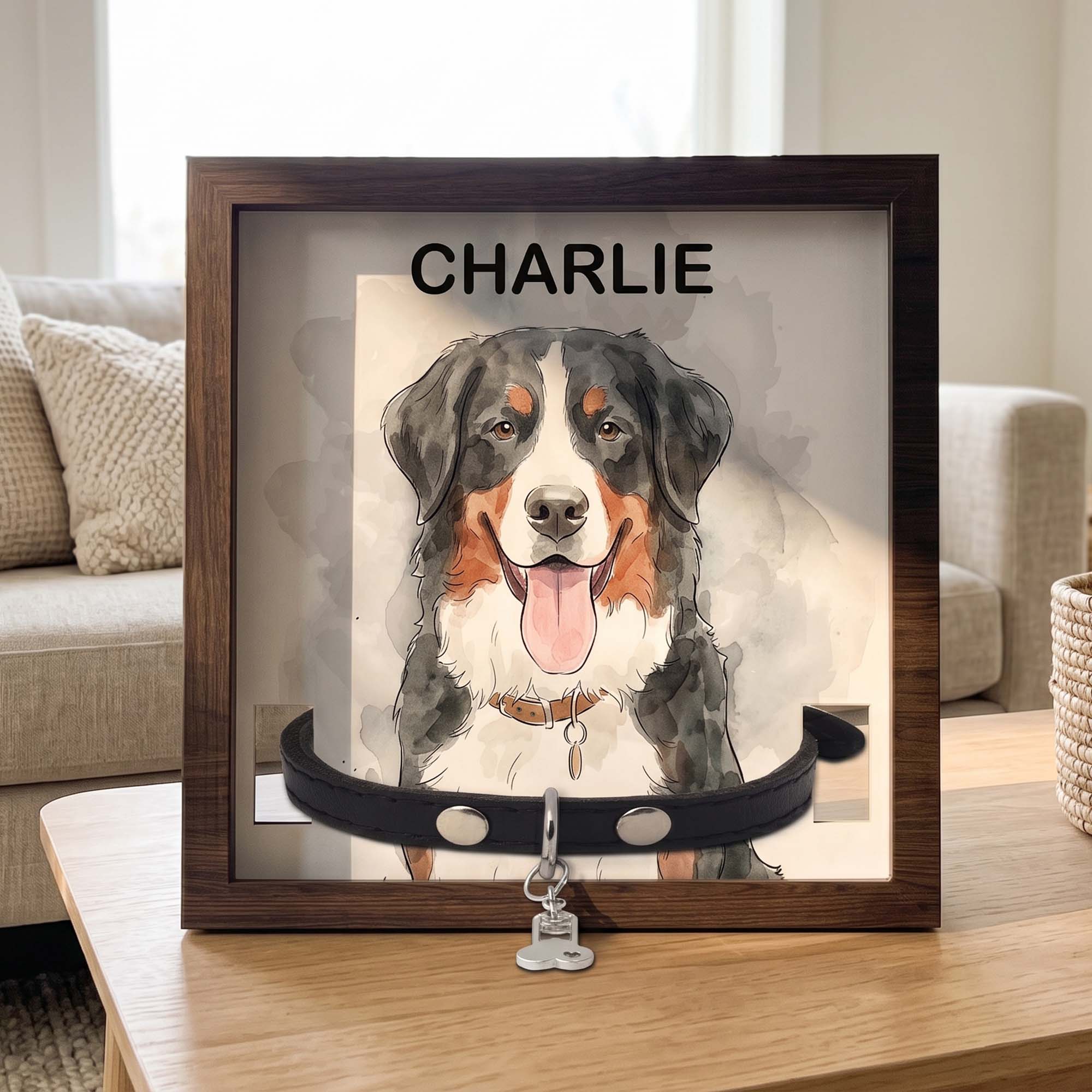 Custom Pet Portrait Watecolor Art Pet Collar Frame Keepsake - Personalized Frame
