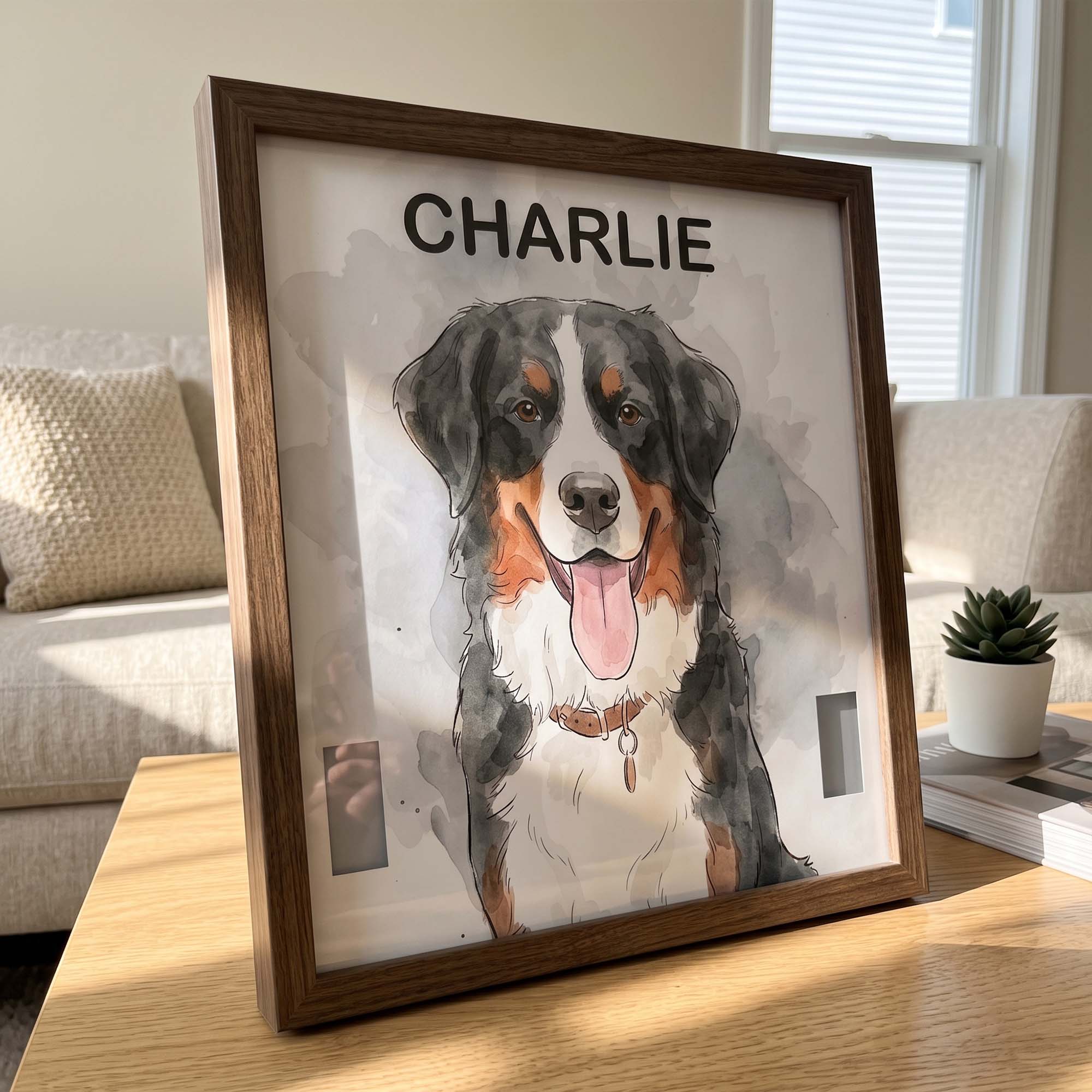 Custom Pet Portrait Watecolor Art Pet Collar Frame Keepsake - Personalized Frame