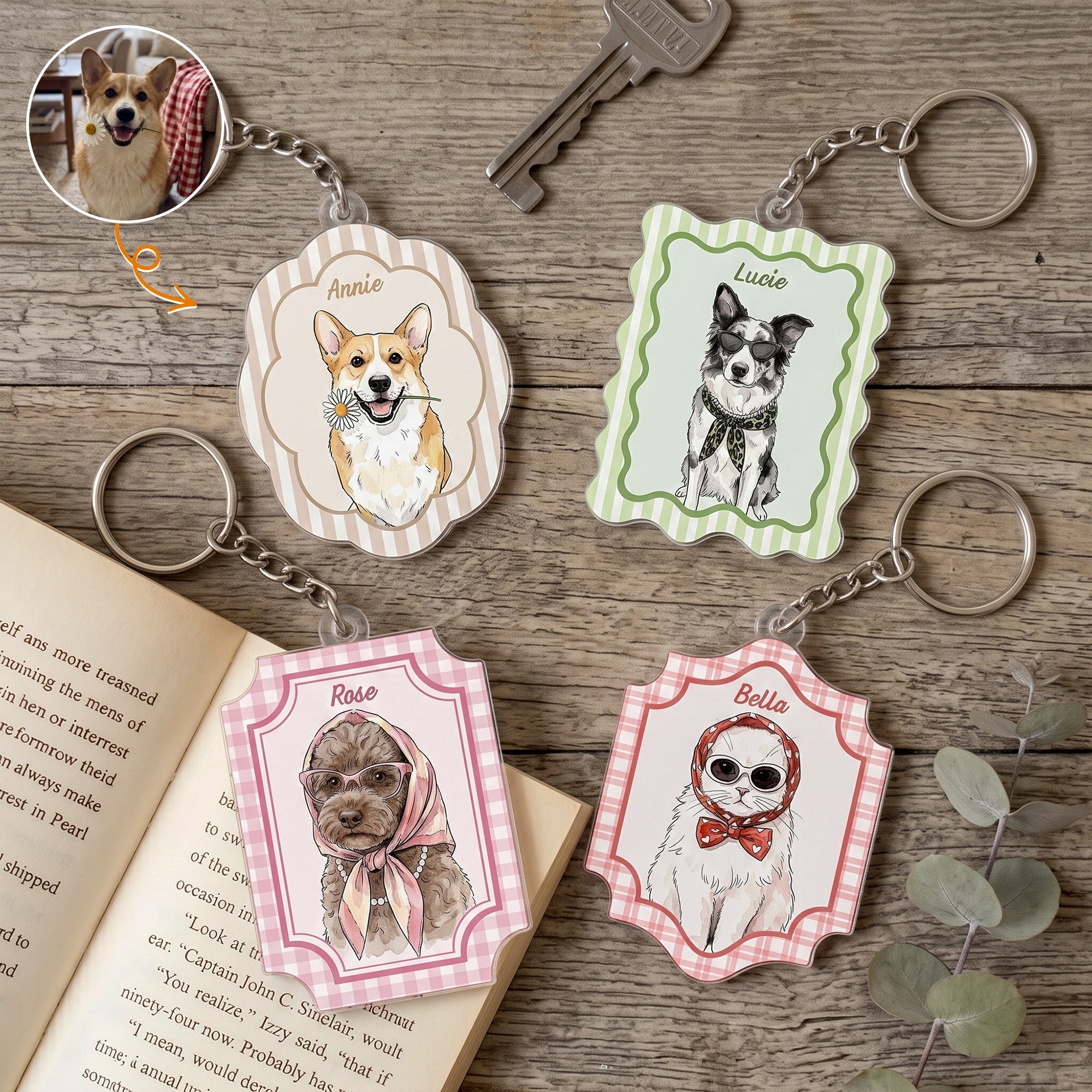 Custom Pet Portrait Watercolor Art Striped Pattern Gifts For Dog Mom, Cat Mom - Personalized Keychain