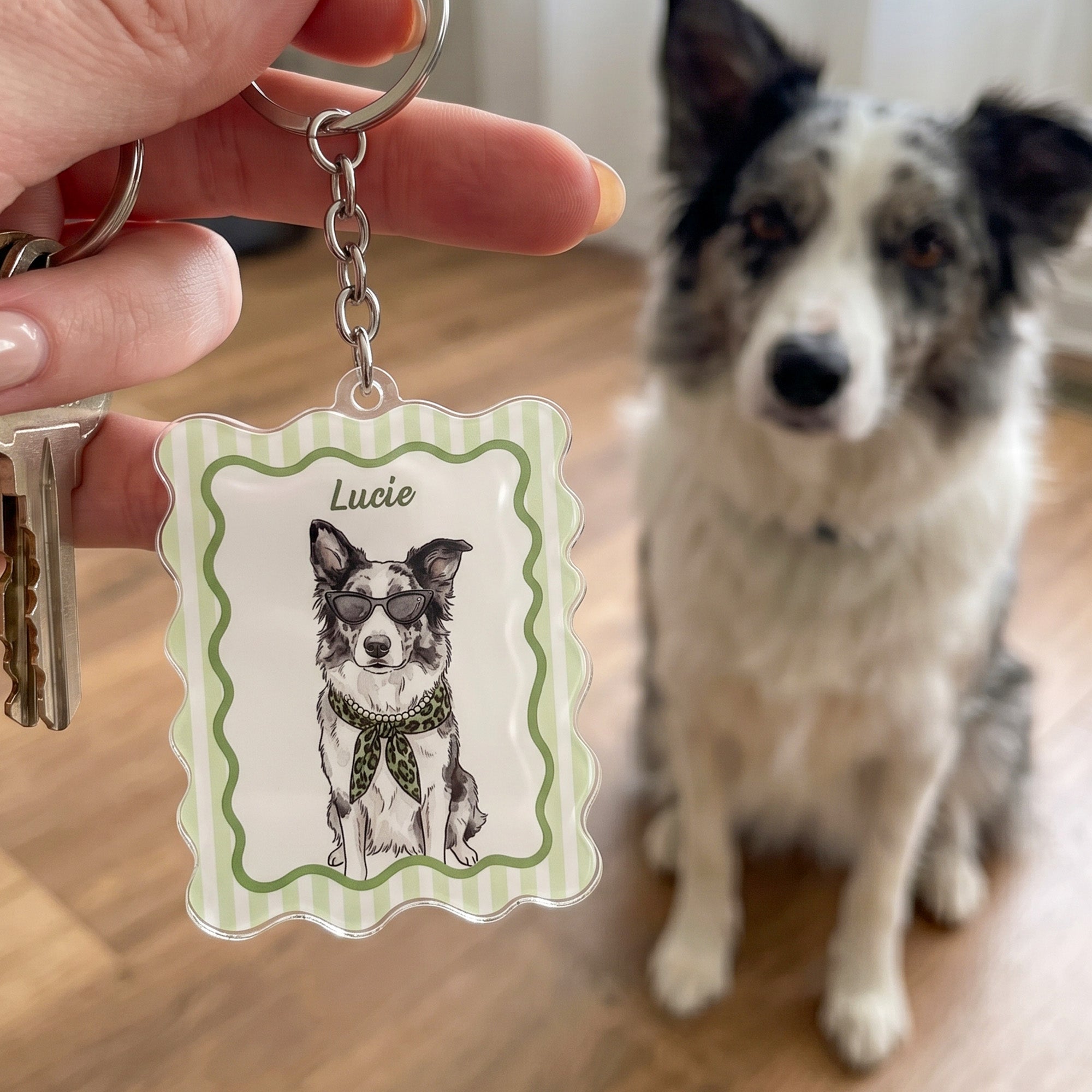 Custom Pet Portrait Watercolor Art Striped Pattern Gifts For Dog Mom, Cat Mom - Personalized Keychain