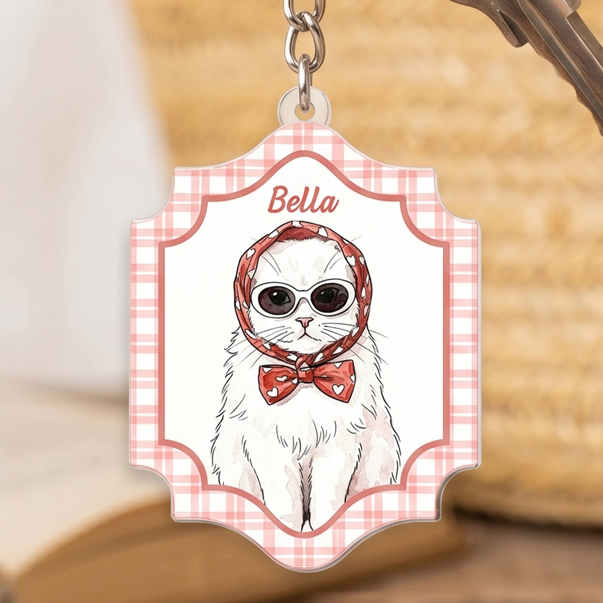 Custom Pet Portrait Watercolor Art Striped Pattern Gifts For Dog Mom, Cat Mom - Personalized Keychain