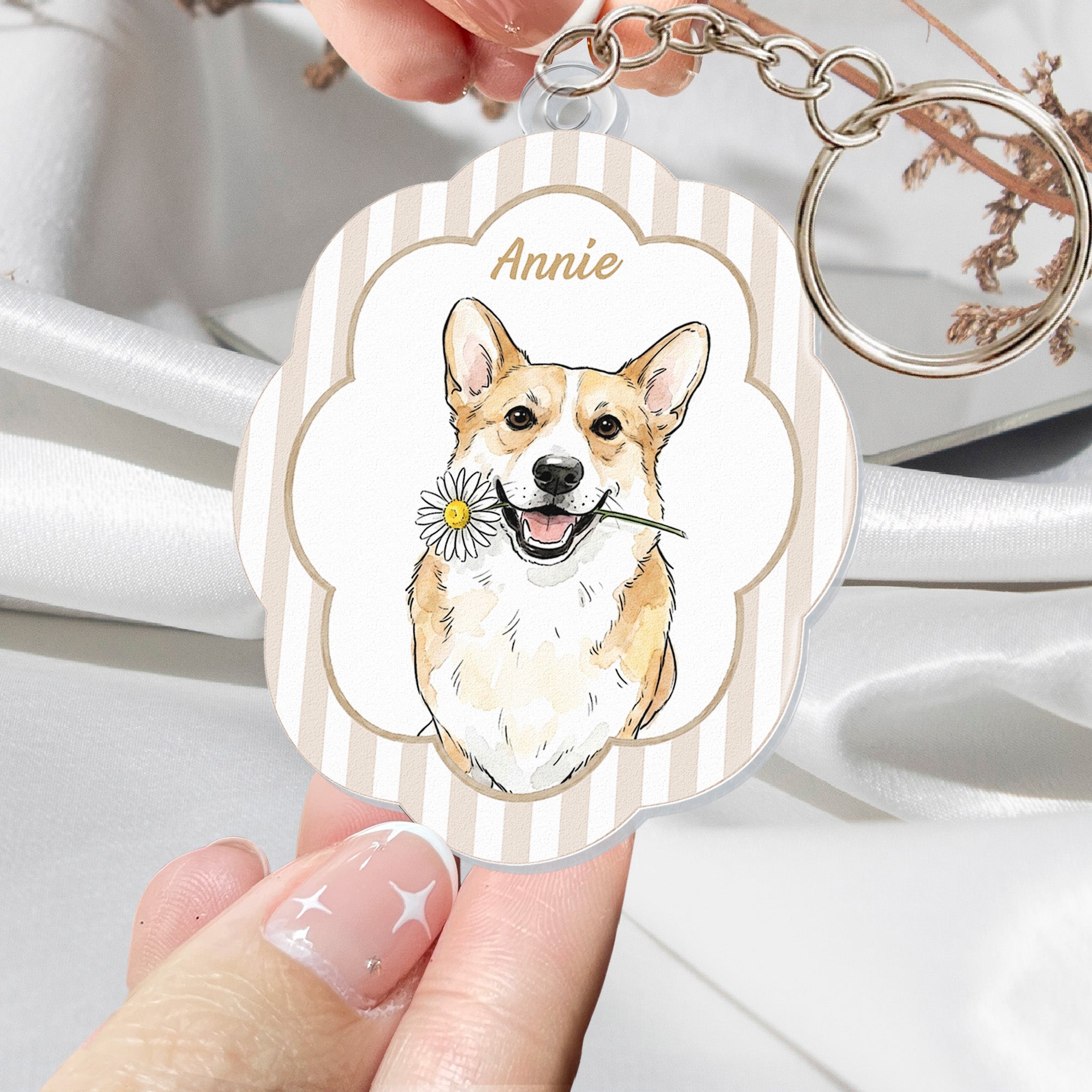 Custom Pet Portrait Watercolor Art Striped Pattern Gifts For Dog Mom, Cat Mom - Personalized Keychain