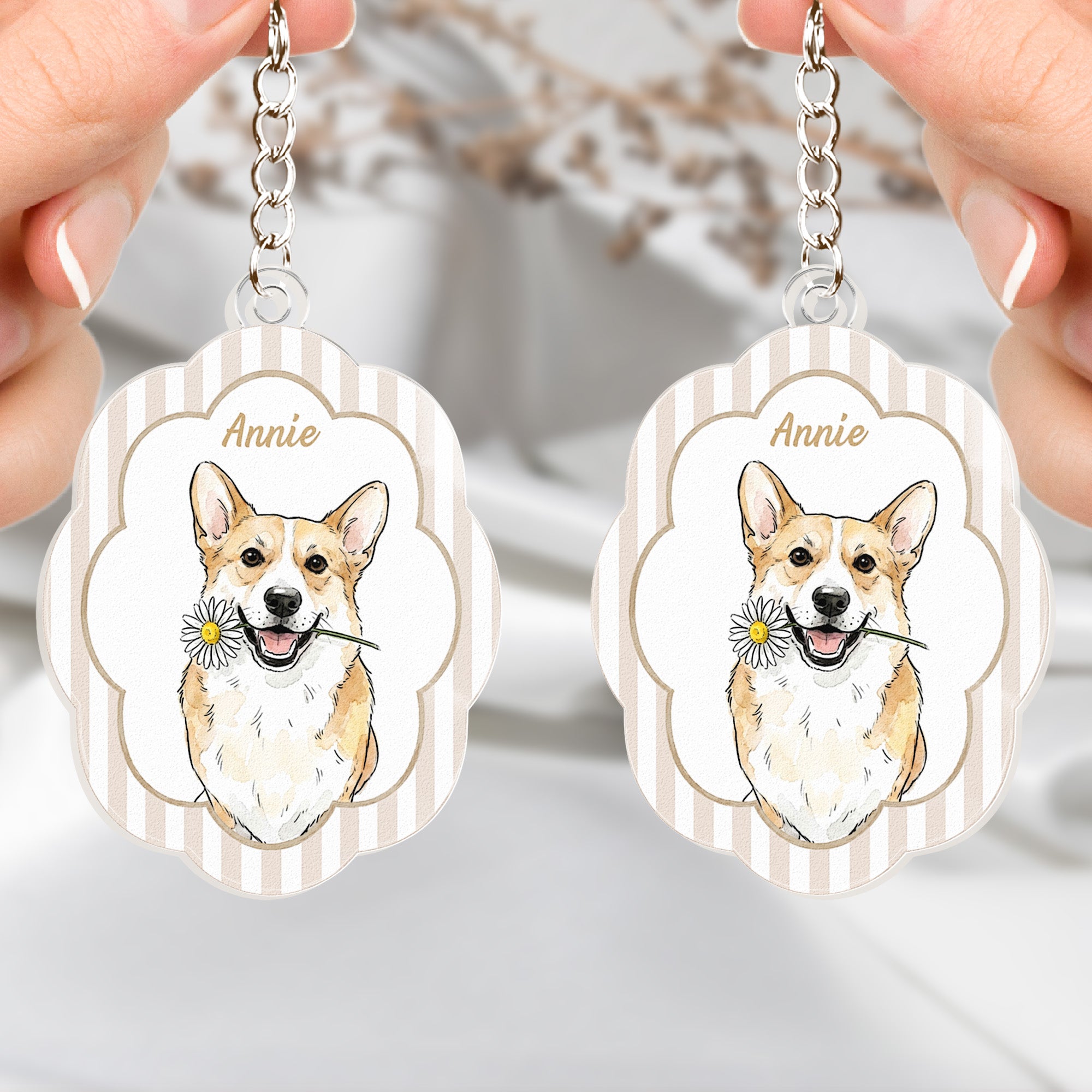 Custom Pet Portrait Watercolor Art Striped Pattern Gifts For Dog Mom, Cat Mom - Personalized Keychain
