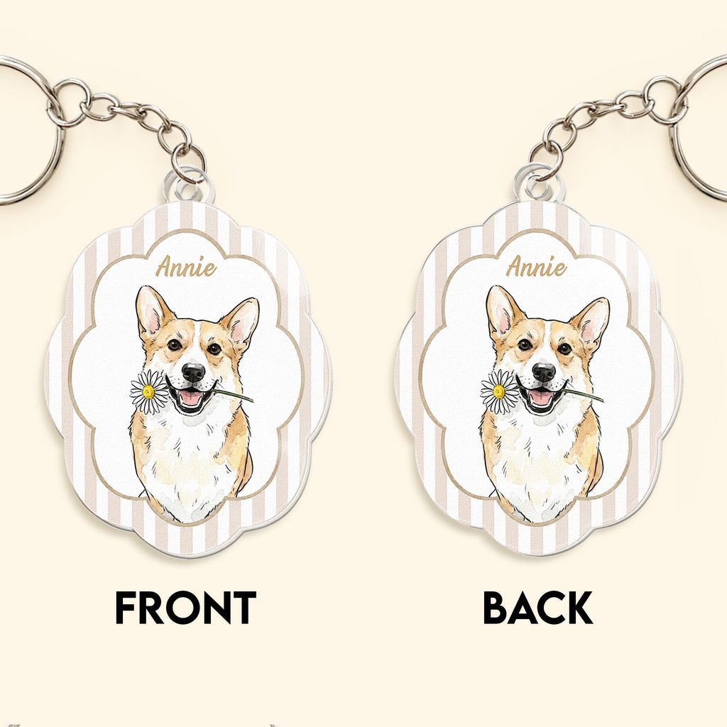 Custom Pet Portrait Watercolor Art Striped Pattern Gifts For Dog Mom, Cat Mom - Personalized Keychain