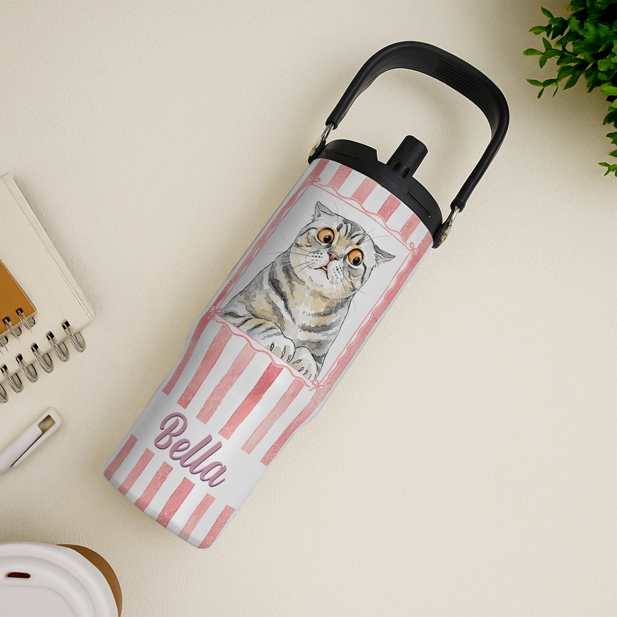 Custom Pet Portrait Watercolor Art Striped Pattern - Personalized 30oz Tumbler