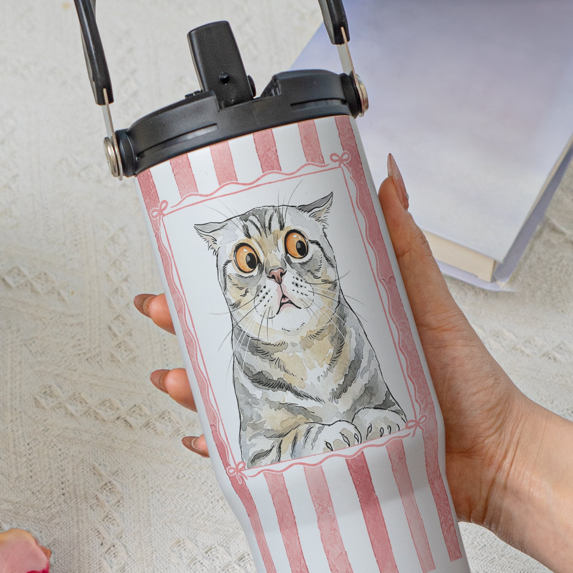 Custom Pet Portrait Watercolor Art Striped Pattern - Personalized 30oz Tumbler