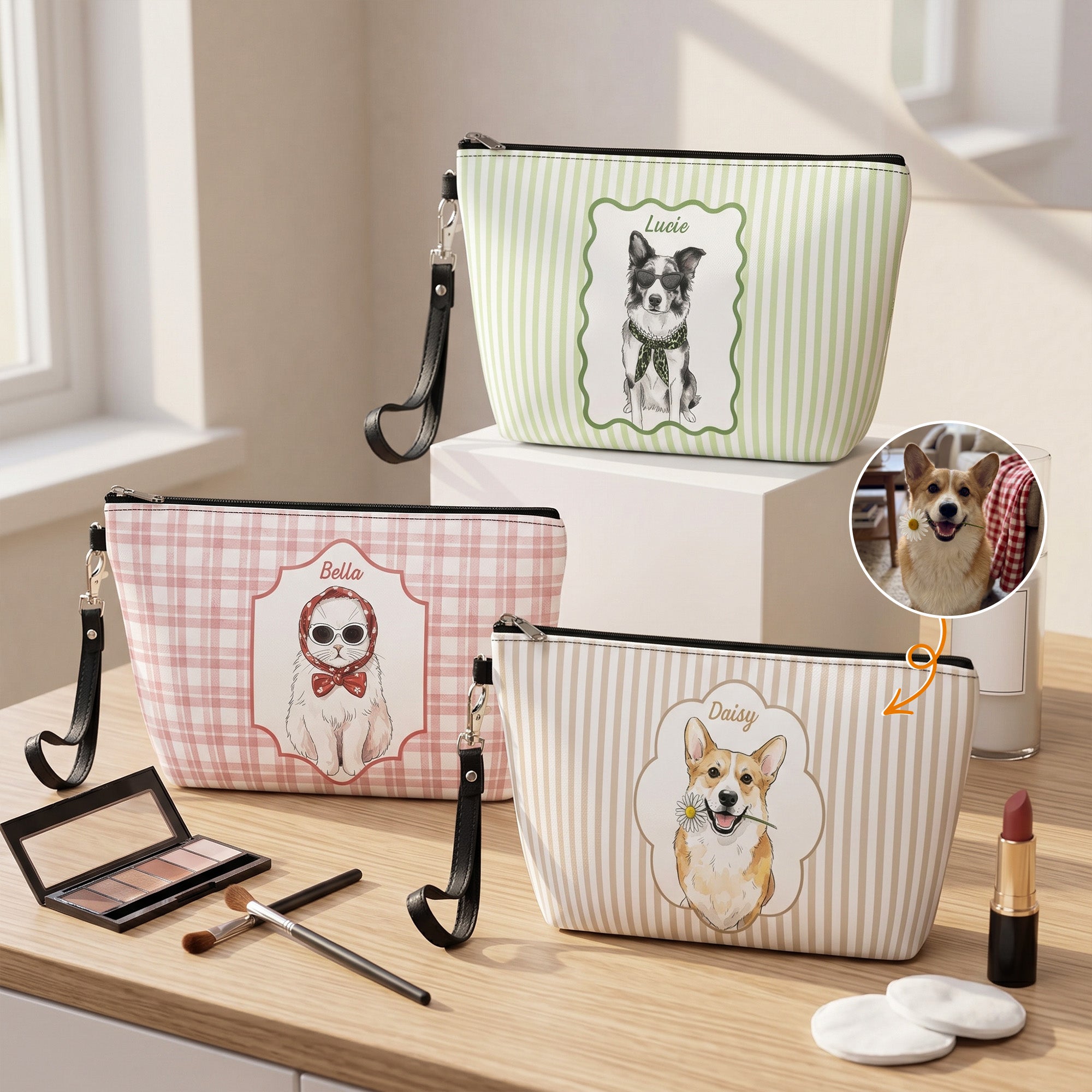Custom Pet Portrait Watercolor Bag Striped Pattern - Personalized Cosmetic Bag