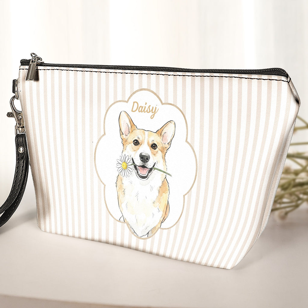Custom Pet Portrait Watercolor Bag Striped Pattern - Personalized Cosmetic Bag