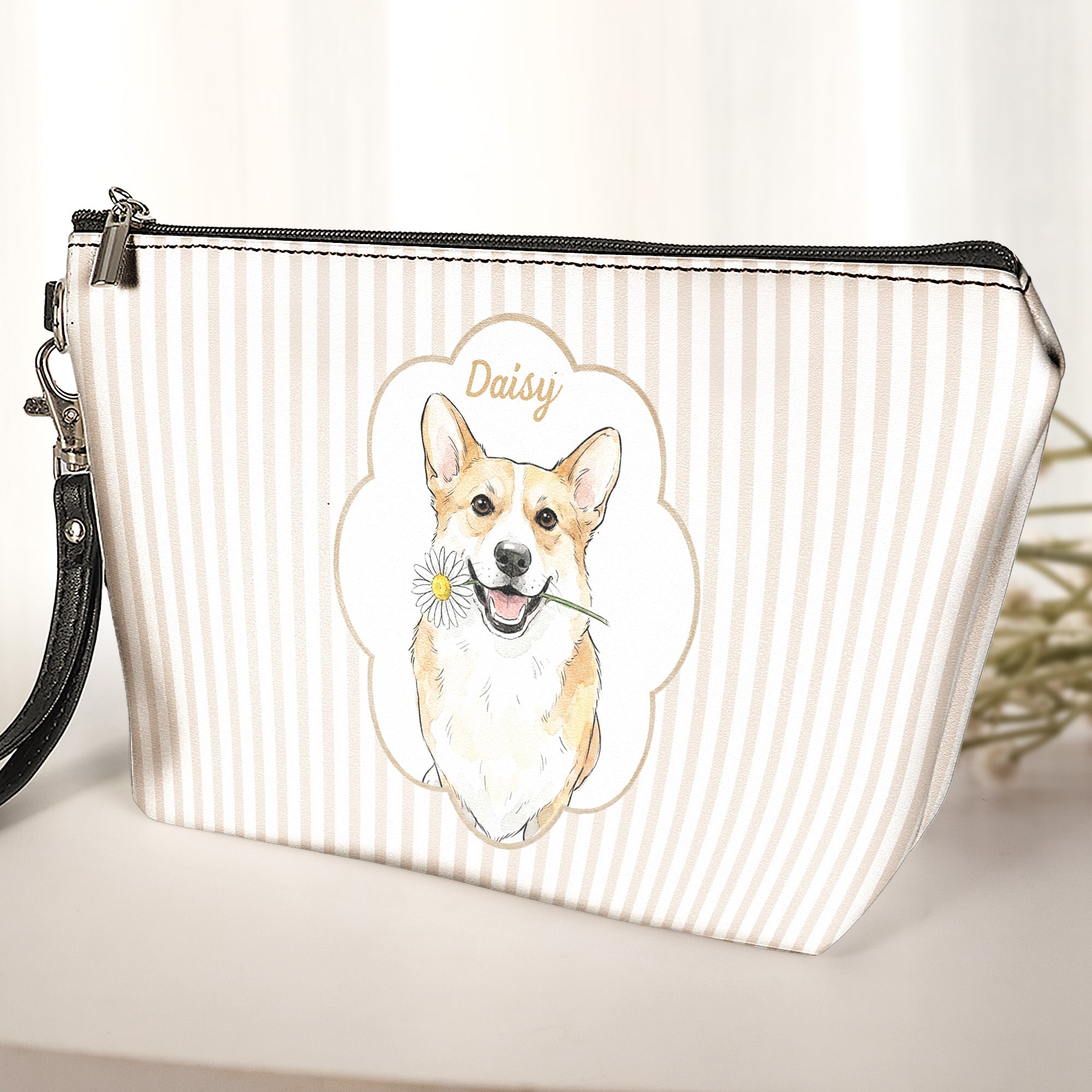 Custom Pet Portrait Watercolor Bag Striped Pattern - Personalized Cosmetic Bag