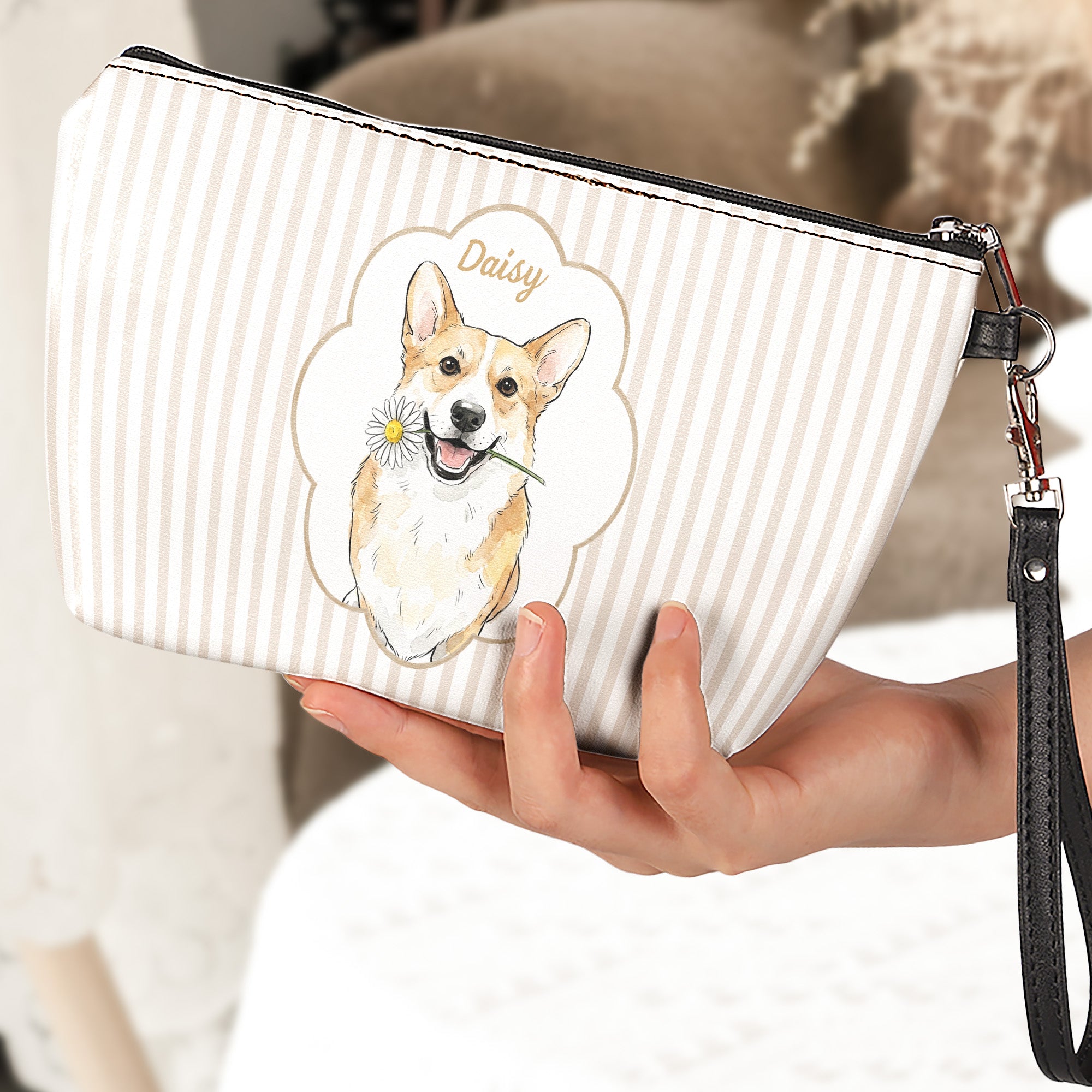 Custom Pet Portrait Watercolor Bag Striped Pattern - Personalized Cosmetic Bag