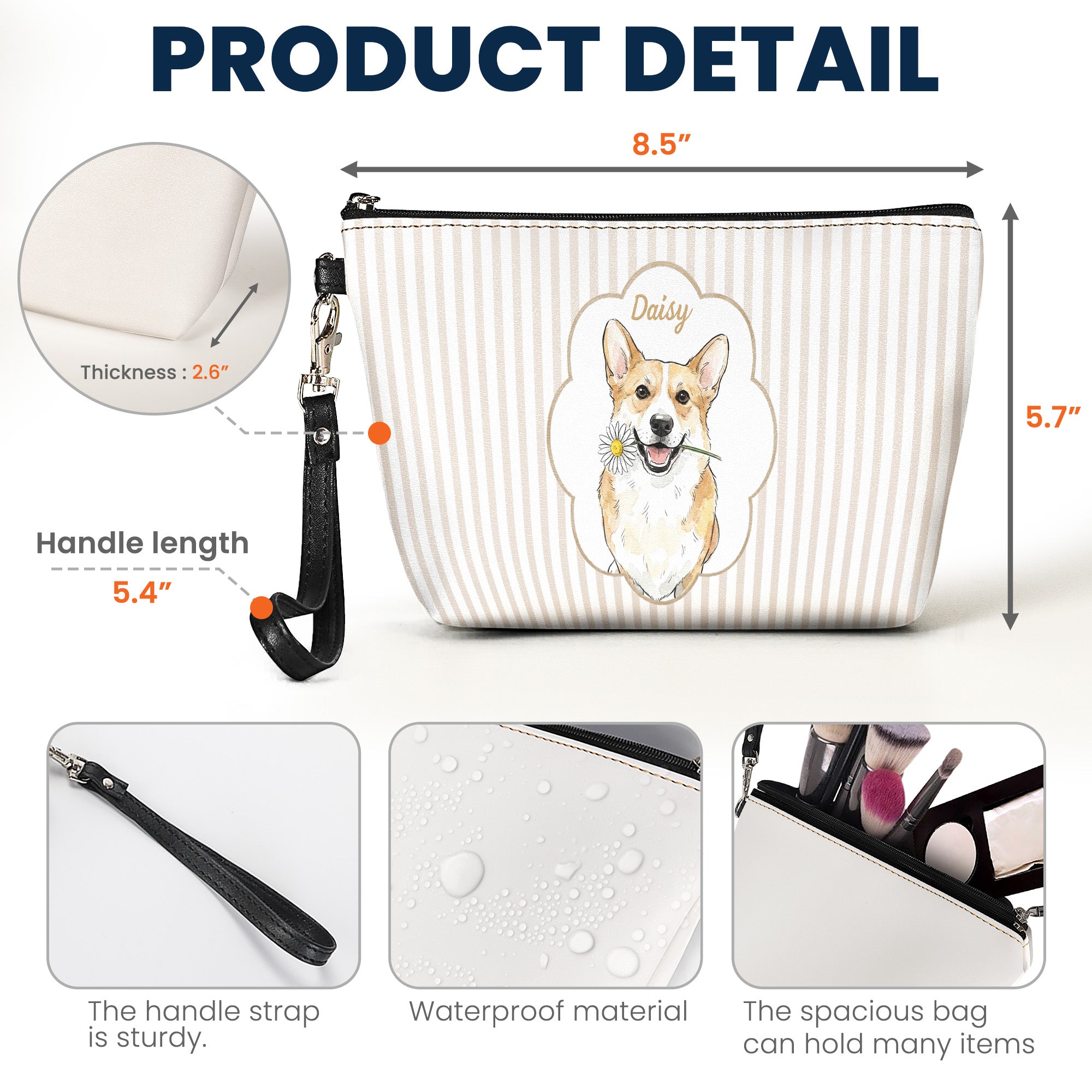 Custom Pet Portrait Watercolor Bag Striped Pattern - Personalized Cosmetic Bag