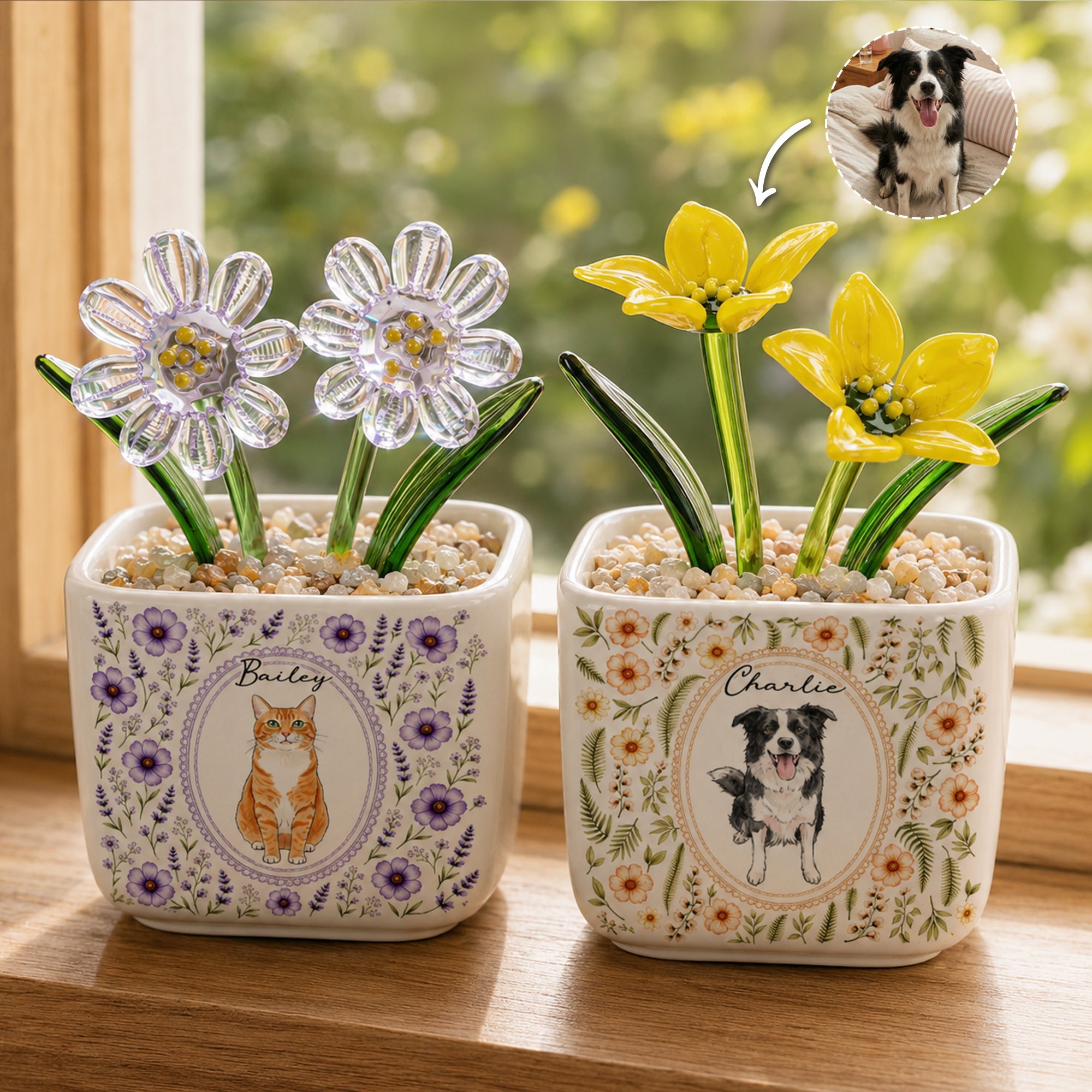 Custom Pet Portrait Watercolor Custom Glass Birth Flower - Personalized Plant Pot
