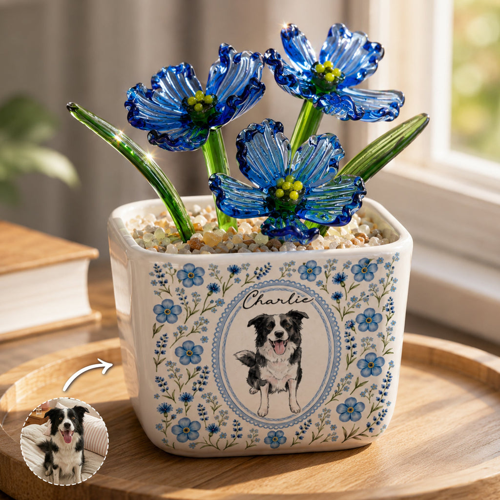 Custom Pet Portrait Watercolor Custom Glass Birth Flower - Personalized Plant Pot