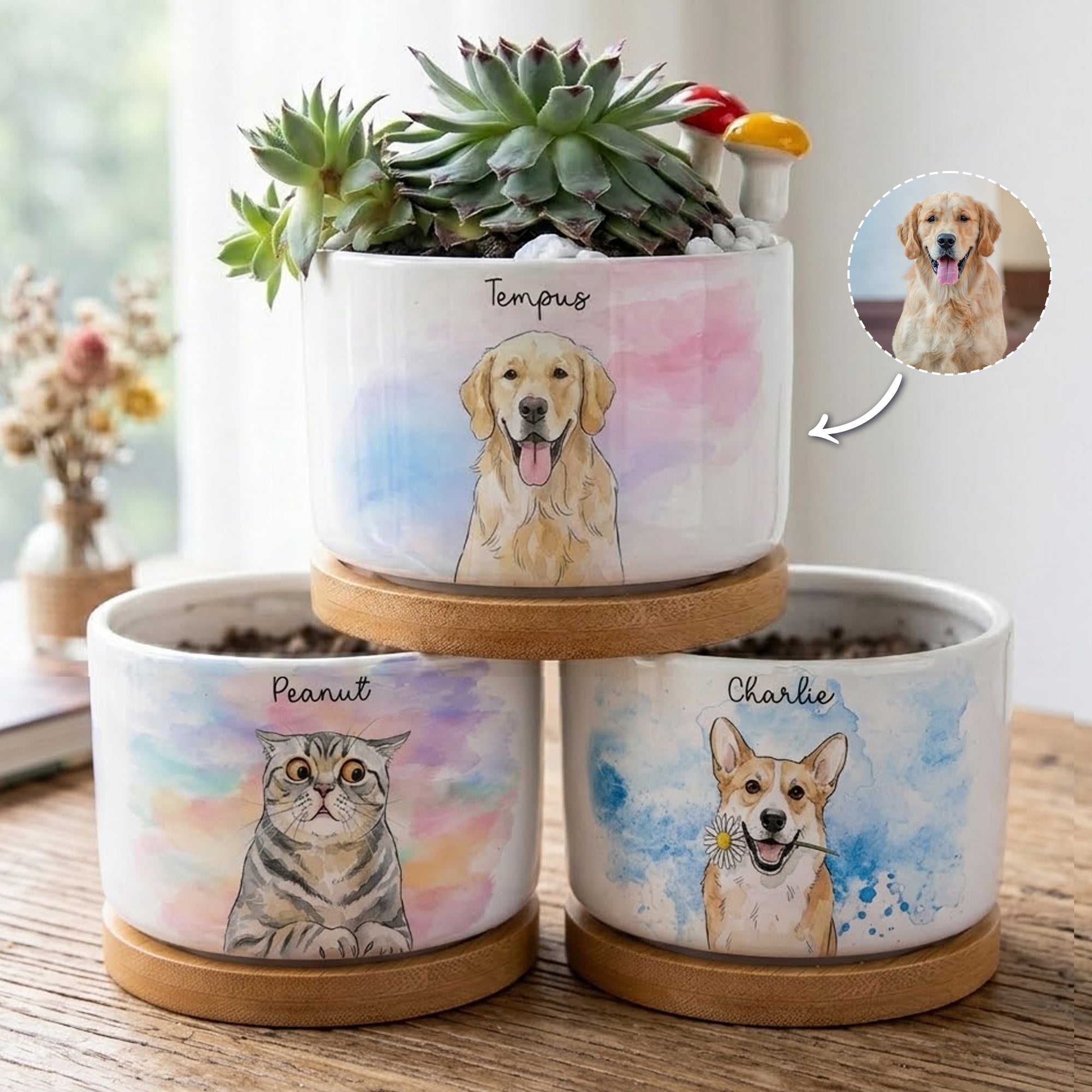 Custom Pet Portrait Watercolor Loss Of Pet Gift - Personalized Plant Pot