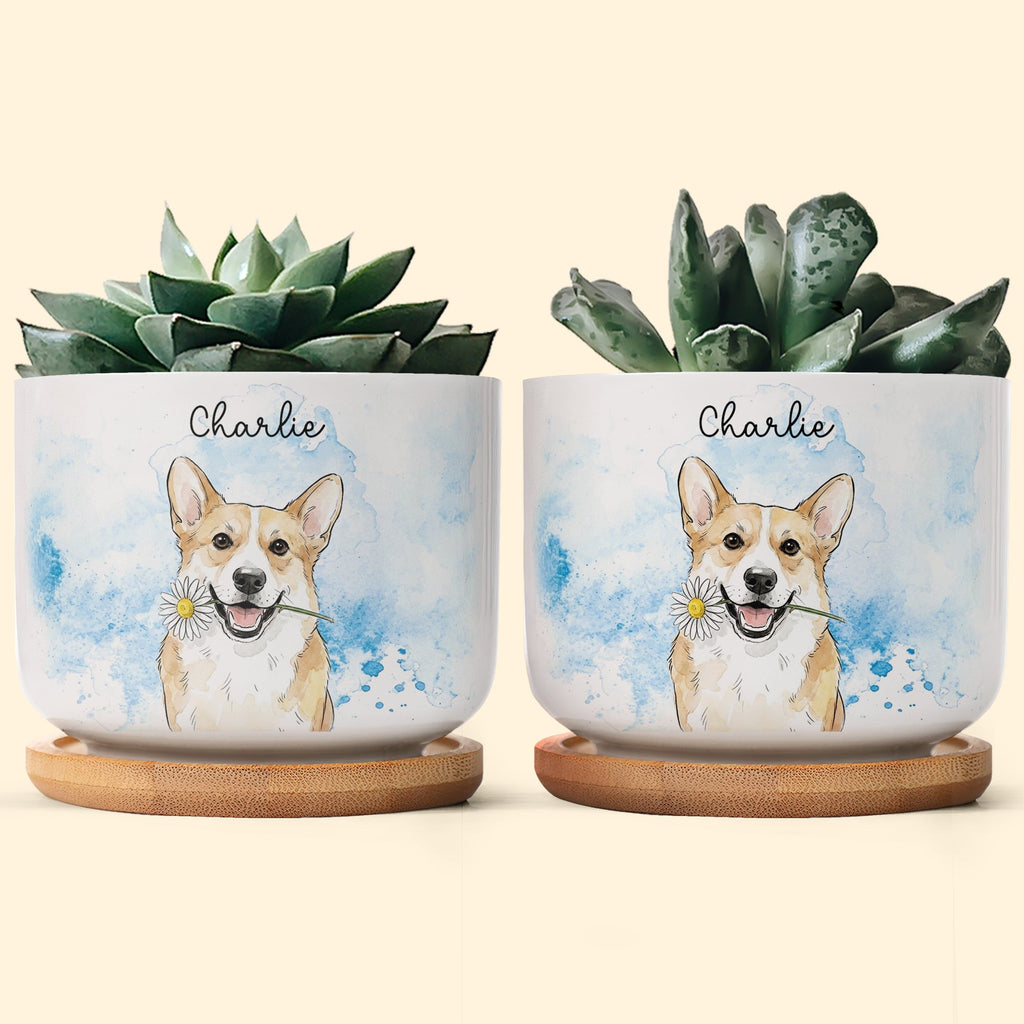 Custom Pet Portrait Watercolor Loss Of Pet Gift - Personalized Plant Pot