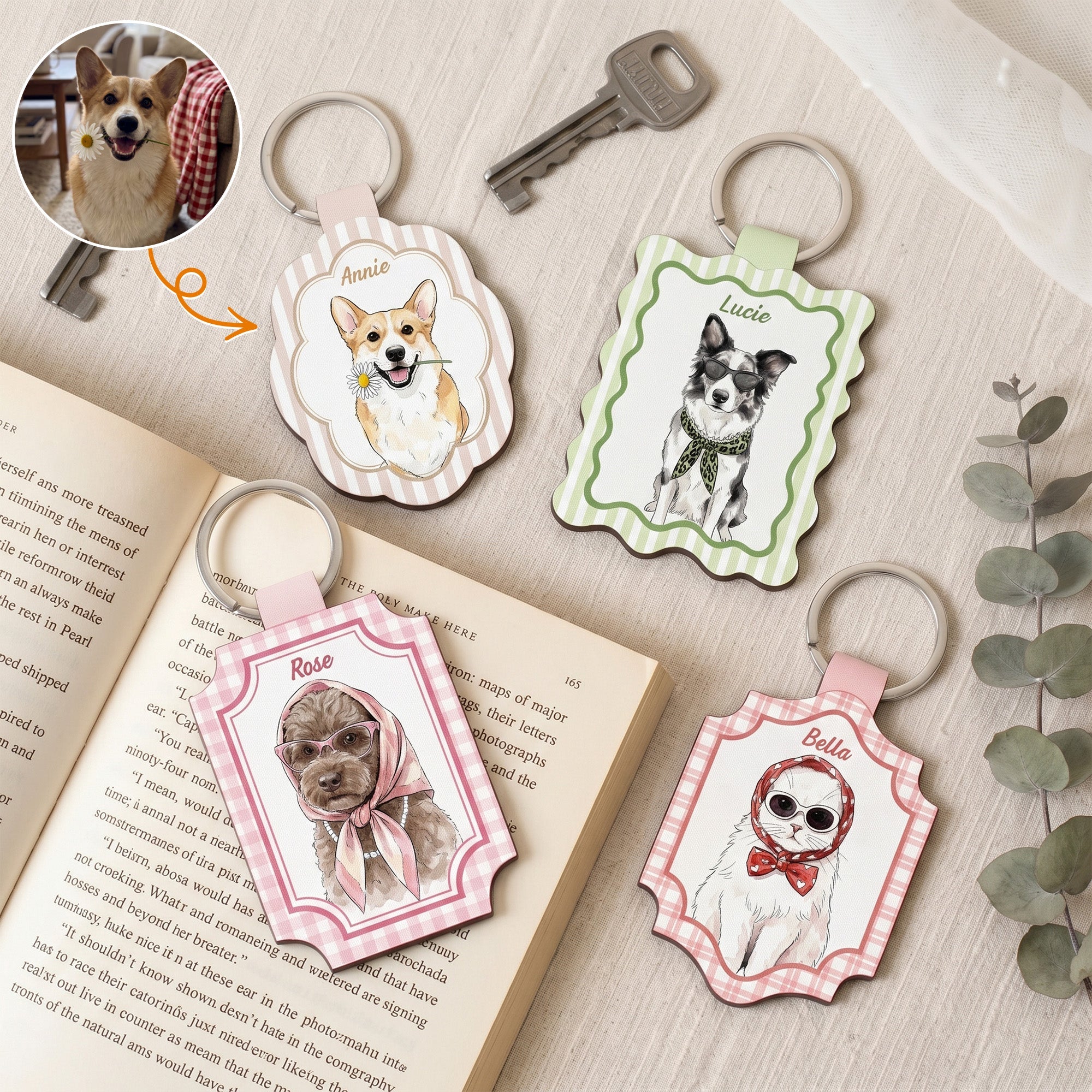 Custom Pet Portrait Watercolor Striped Pattern Gift For Pet Lovers, Dog Mom, Cat Mom - Personalized Keychain