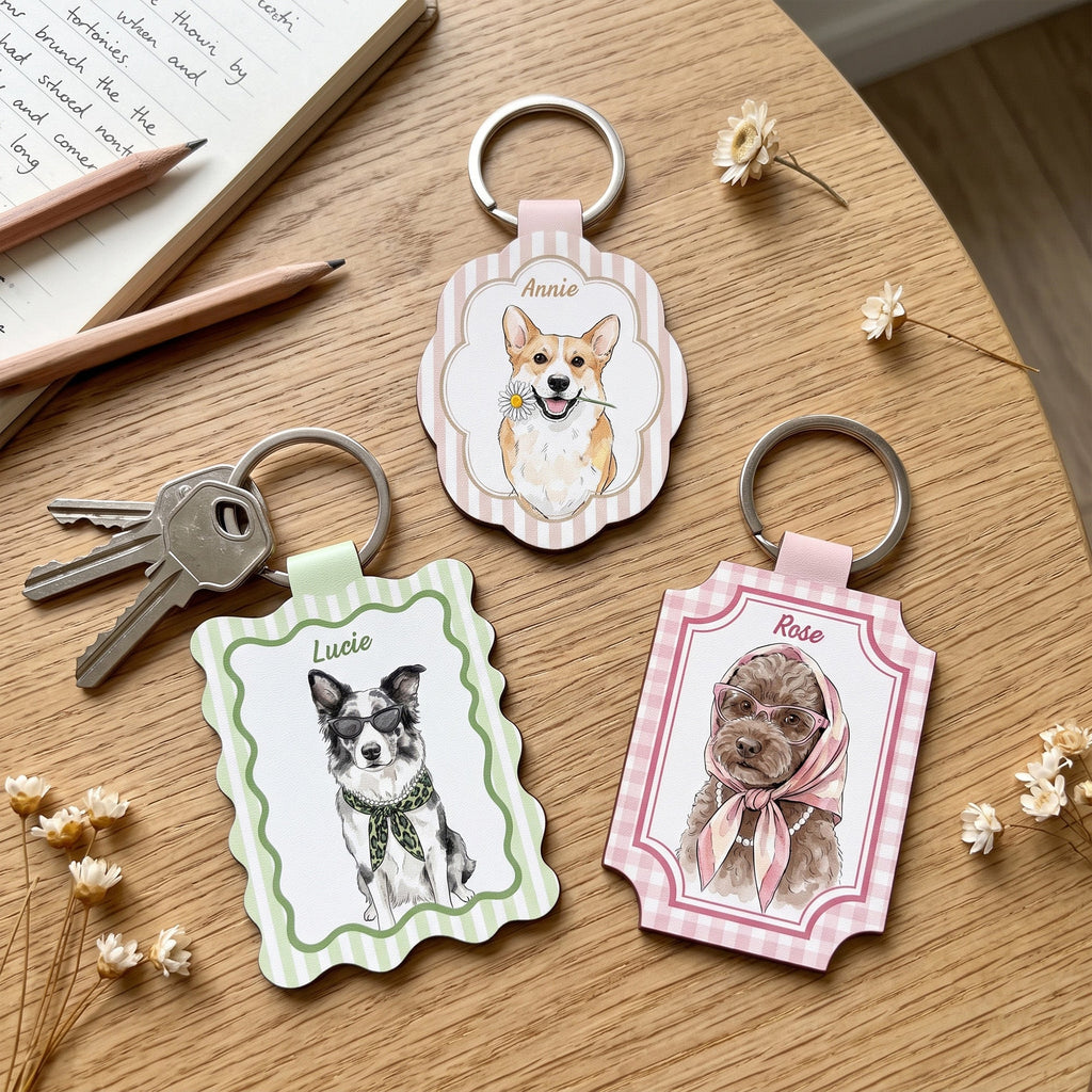 Custom Pet Portrait Watercolor Striped Pattern Gift For Pet Lovers, Dog Mom, Cat Mom - Personalized Keychain