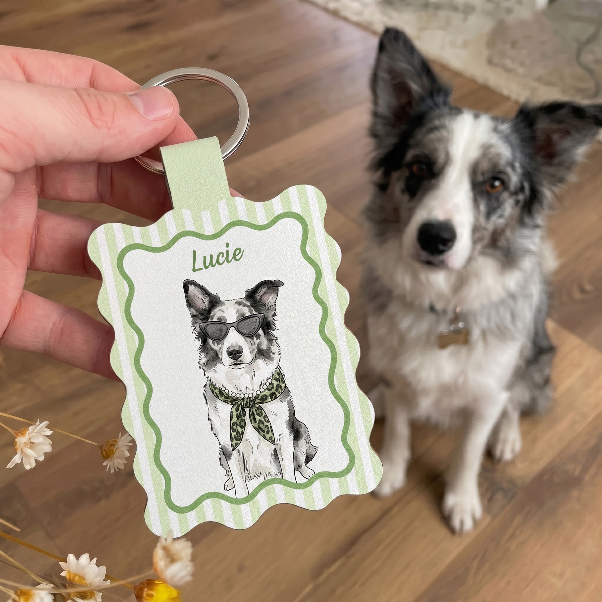 Custom Pet Portrait Watercolor Striped Pattern Gift For Pet Lovers, Dog Mom, Cat Mom - Personalized Keychain