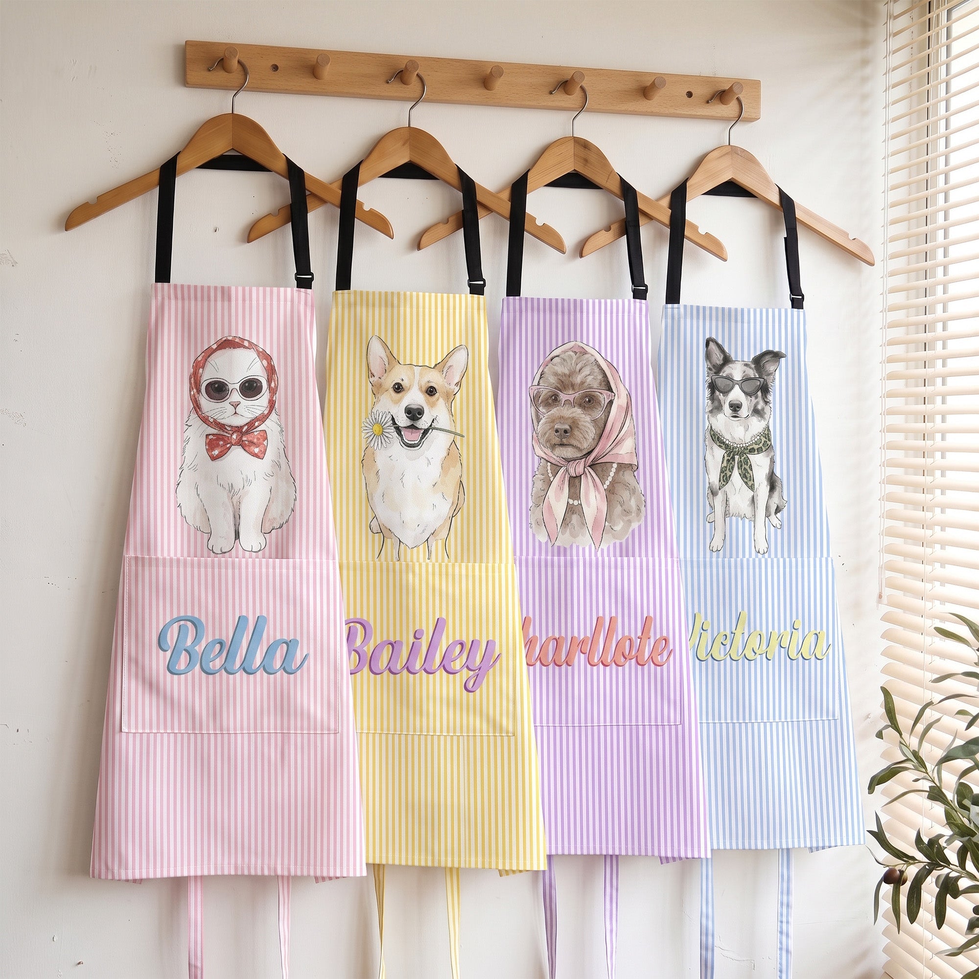 Custom Pet Portrait Watercolor Striped Pattern - Personalized Apron