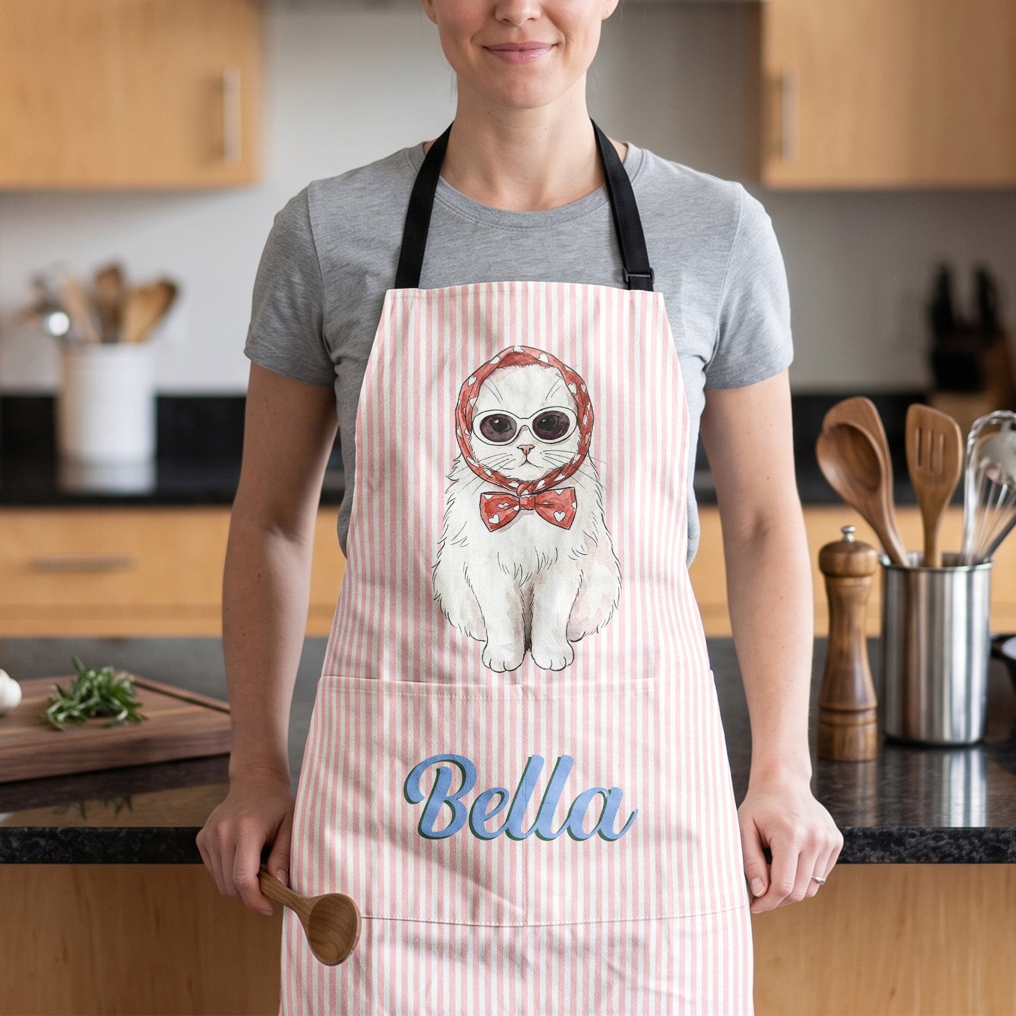 Custom Pet Portrait Watercolor Striped Pattern - Personalized Apron