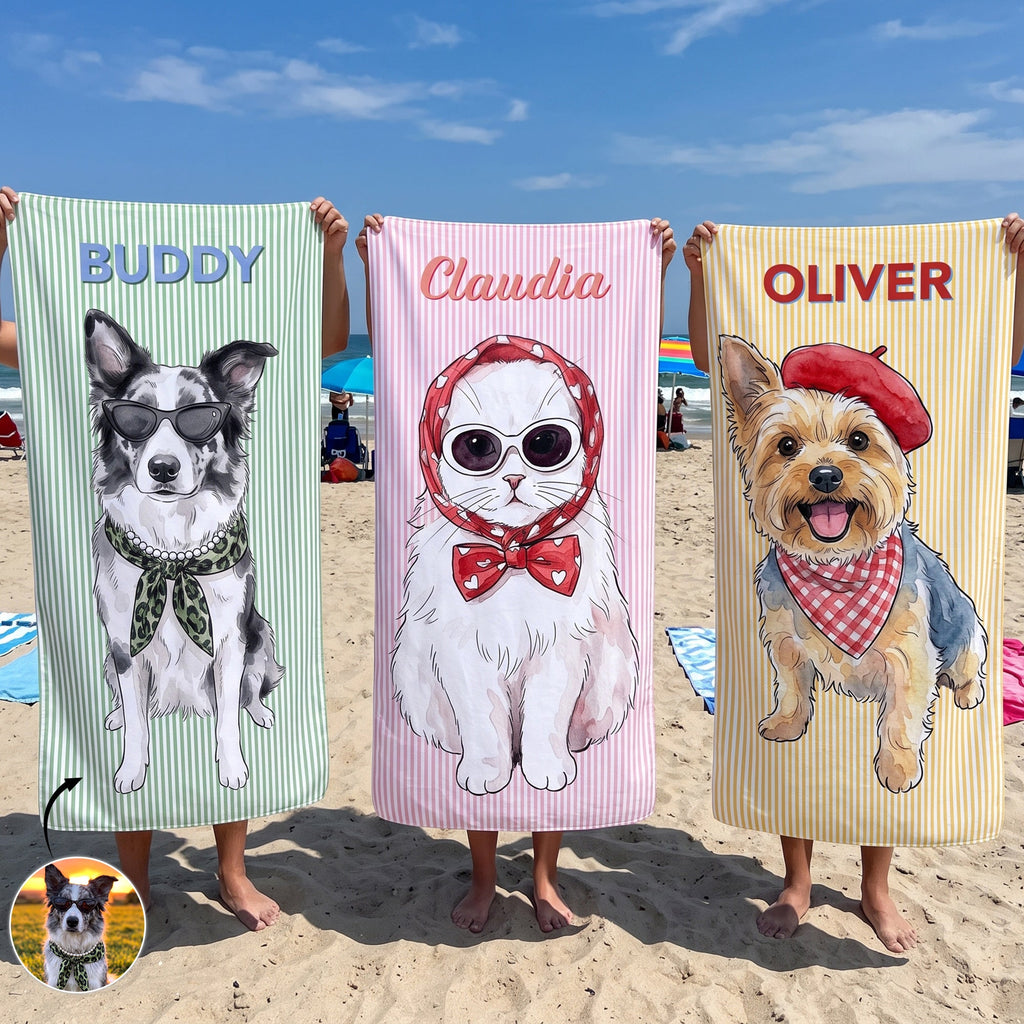 Custom Pet Portrait Watercolor Striped Pattern Summer Gifts For Pet Lovers - Personalized Beach Towel