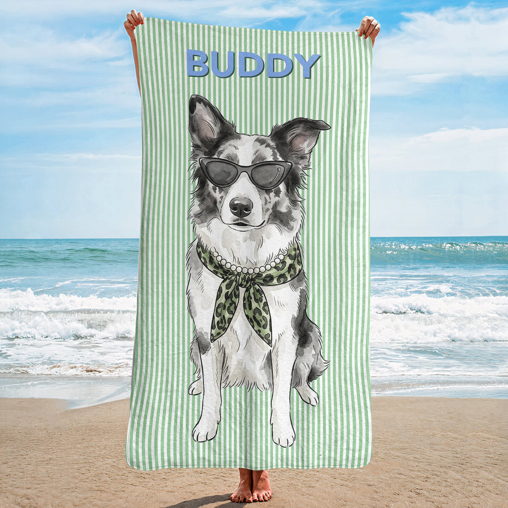 Custom Pet Portrait Watercolor Striped Pattern Summer Gifts For Pet Lovers - Personalized Beach Towel